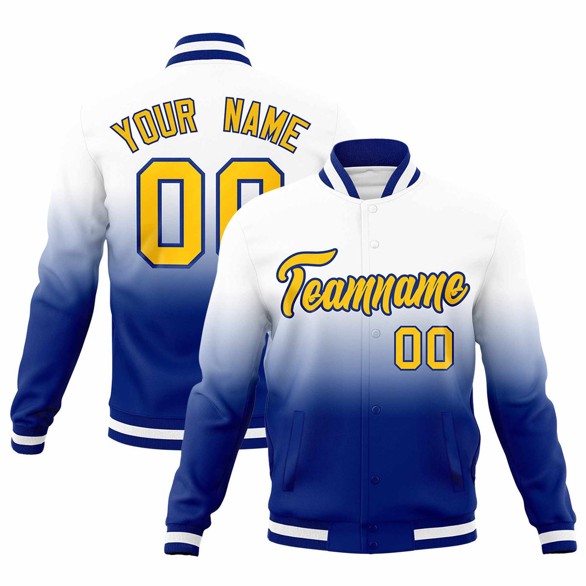 Custom White Royal Full-Snap Varsity Personalization Gradient Fashion Letterman Jacket