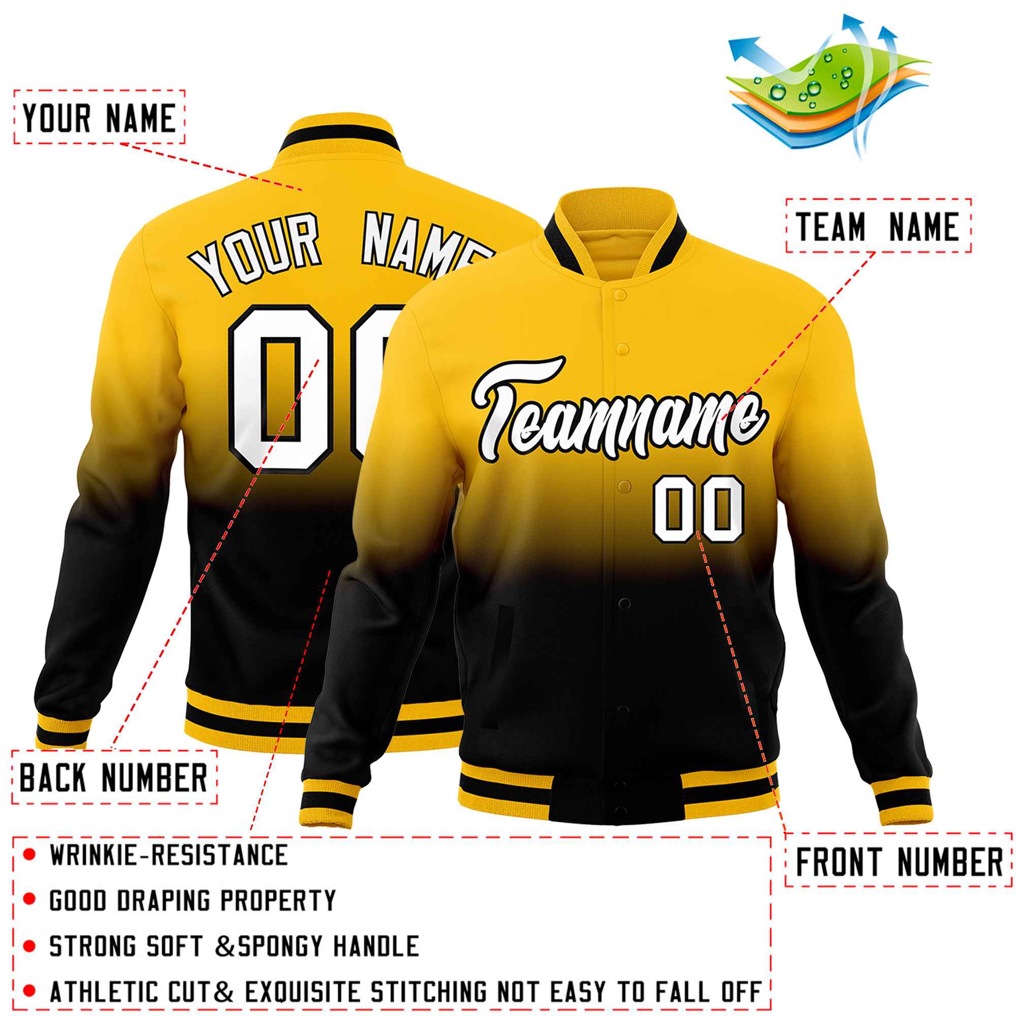 Custom Black Yellow Full-Snap Varsity Personalization Gradient Fashion Letterman Jacket