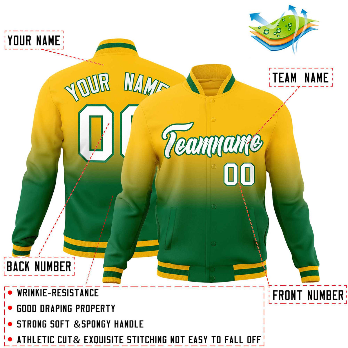 Custom Yellow Kelly Green Full-Snap Varsity Personalization Gradient Fashion Letterman Jacket