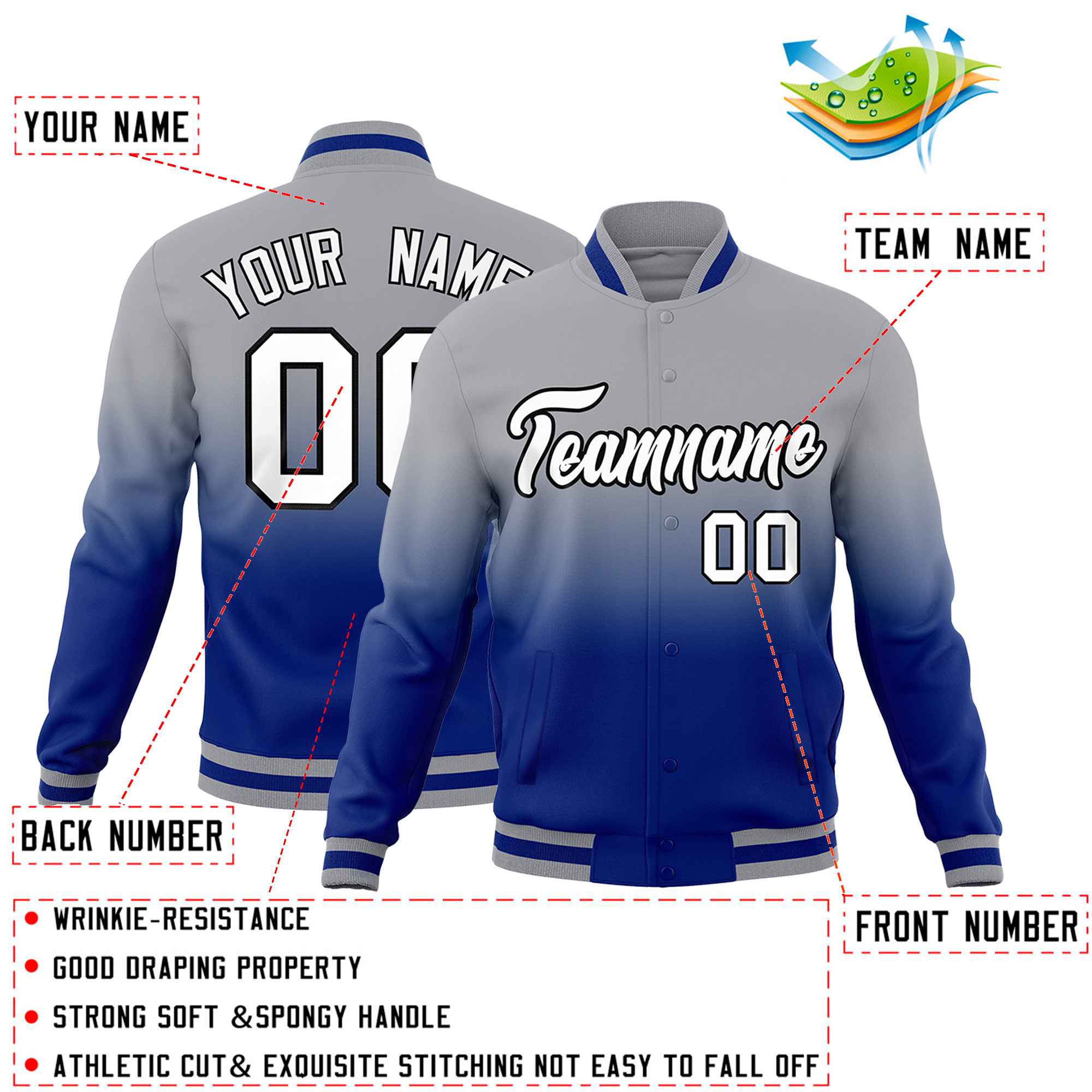 Custom Gray Royal Blue Full-Snap Varsity Personalization Gradient Fashion Letterman Jacket
