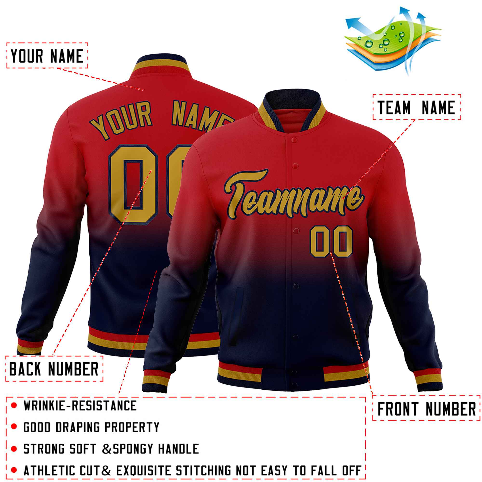 Custom Red Navy Full-Snap Varsity Personalization Gradient Fashion Letterman Jacket