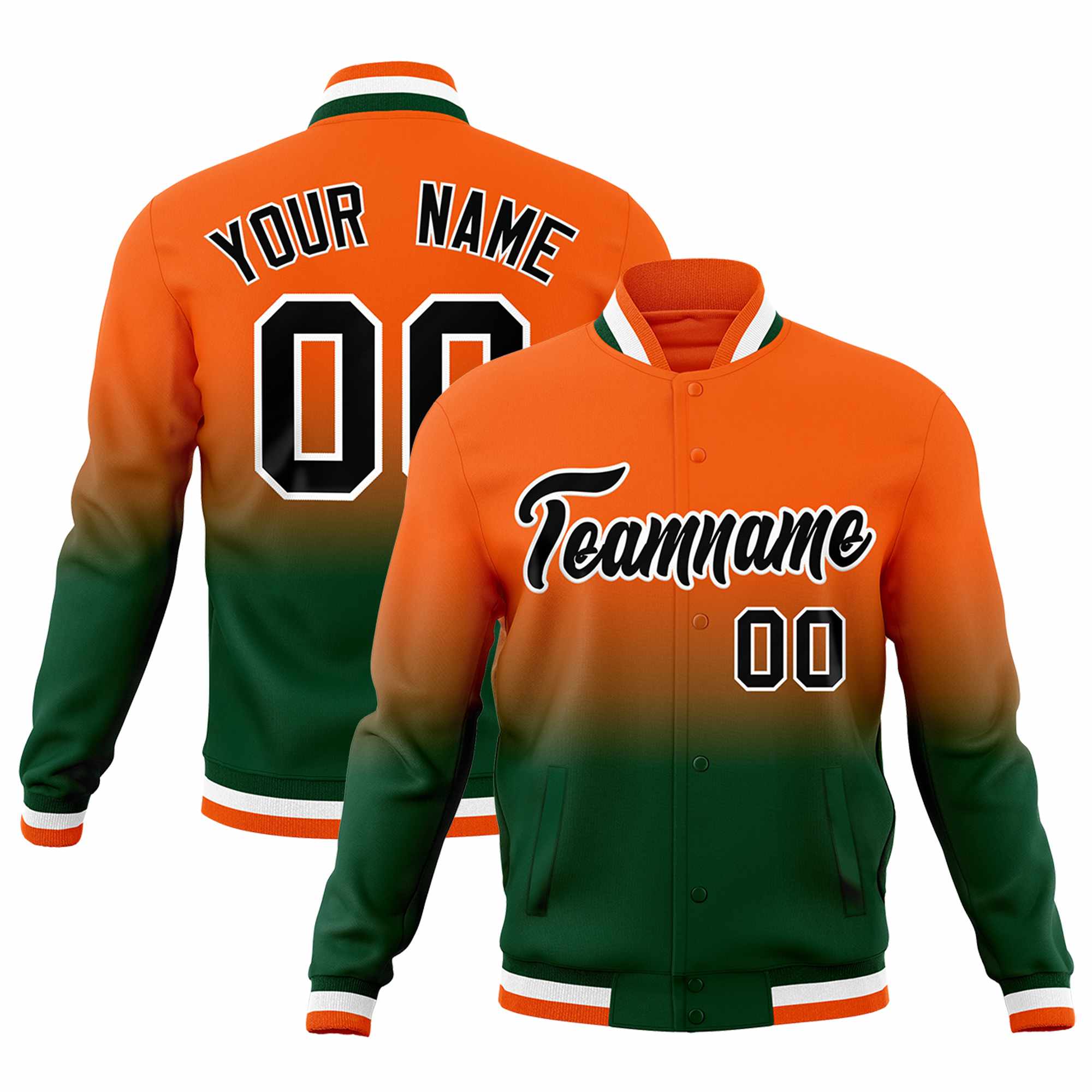 Custom Orange Green Full-Snap Varsity Personalization Gradient Fashion Letterman Jacket