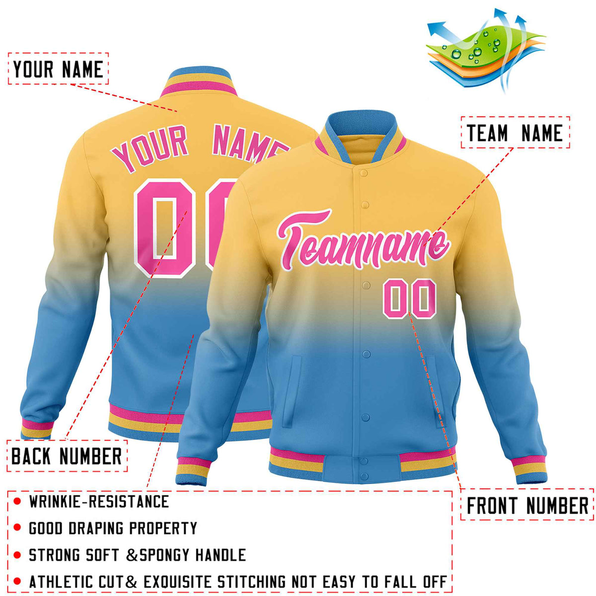 Custom Khaki Light blue Full-Snap Varsity Personalization Gradient Fashion Letterman Jacket