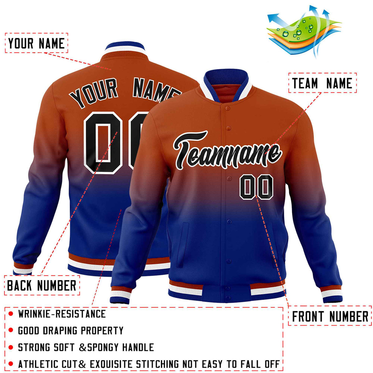 Custom Dark Orange Royal Blue Full-Snap Varsity Personalization Gradient Fashion Letterman Jacket