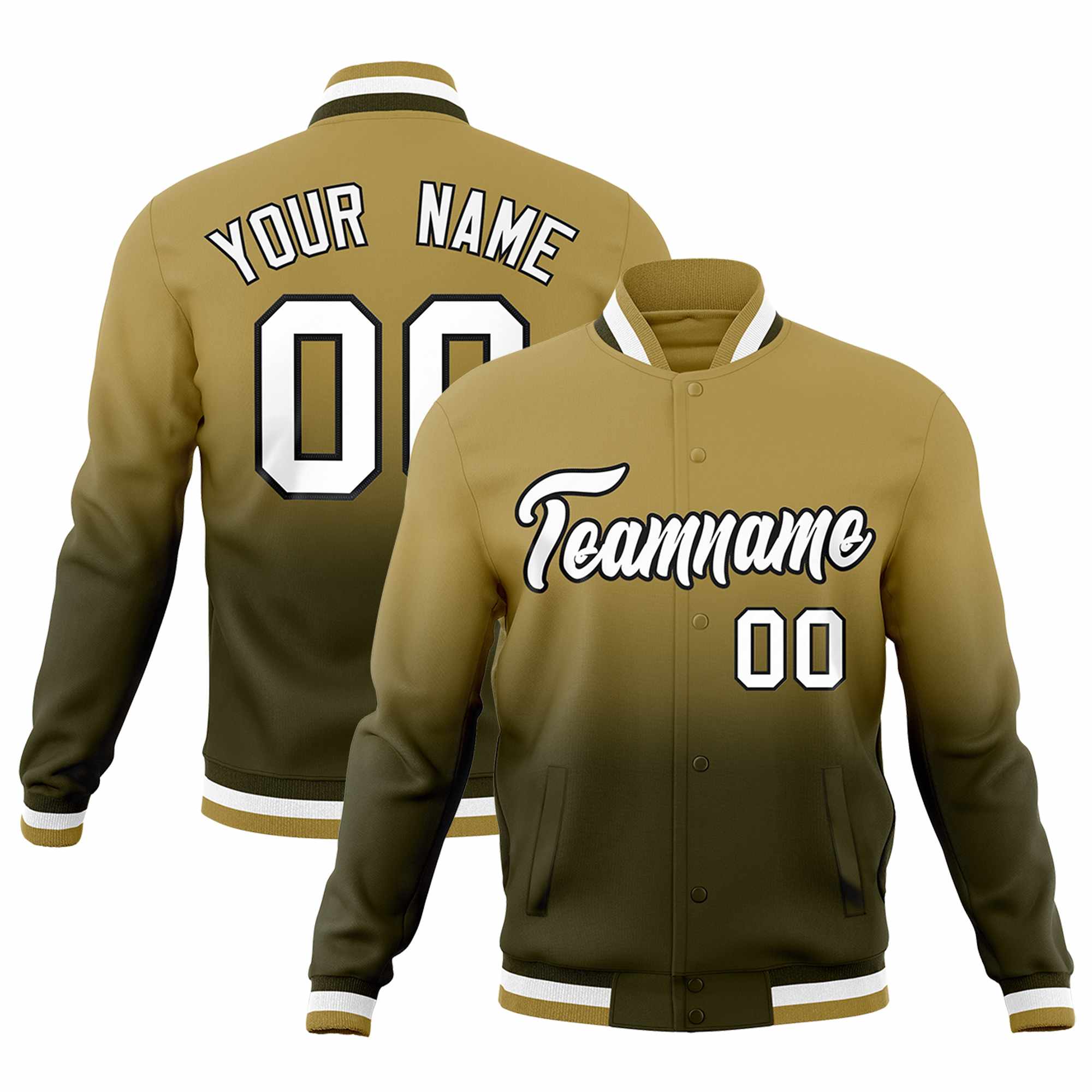 Custom Desert Yellow Olive Full-Snap Varsity Personalization Gradient Fashion Letterman Jacket