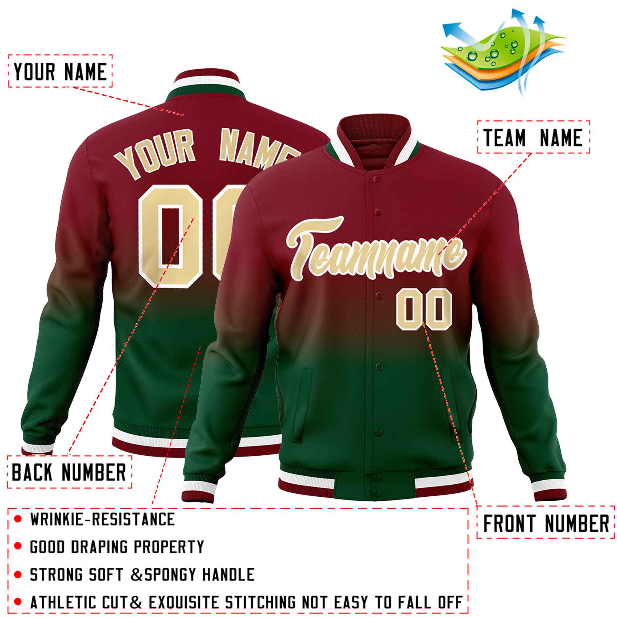 Custom Green Crimson Full-Snap Varsity Personalization Gradient Fashion Letterman Jacket