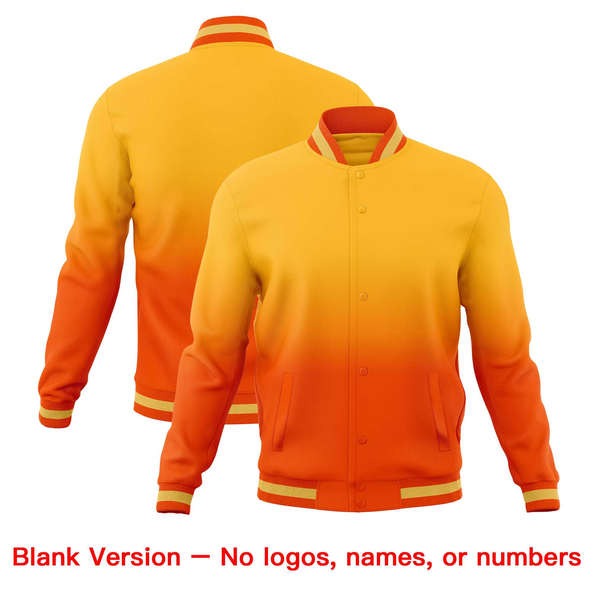 Custom Orange Gold Full-Snap Varsity Personalization Gradient Fashion Letterman Jacket