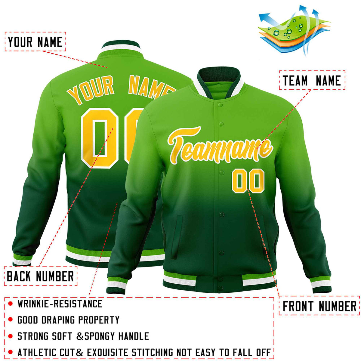 Custom Green Gold Full-Snap Varsity Personalization Gradient Fashion Letterman Jacket