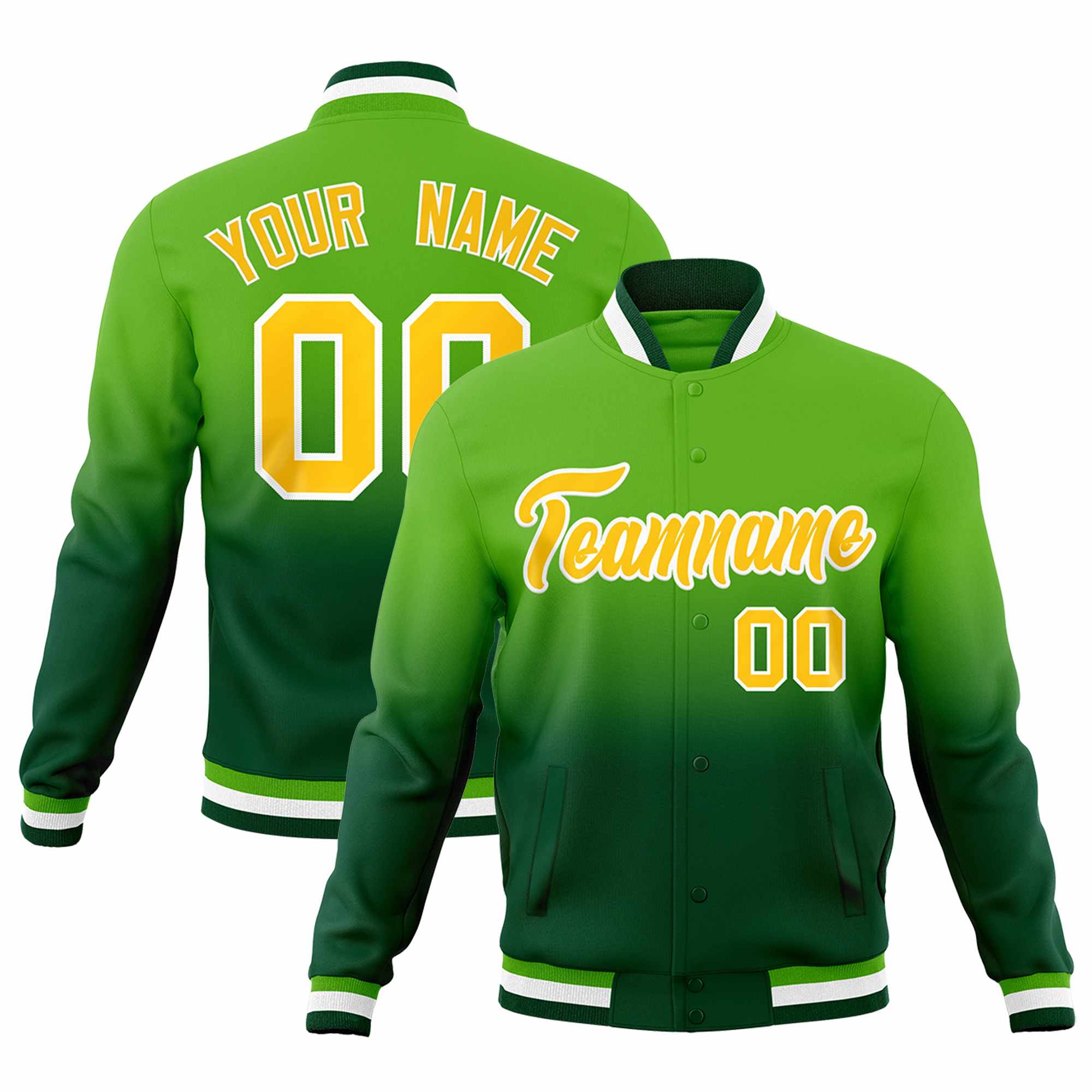 Custom Green Gold Full-Snap Varsity Personalization Gradient Fashion Letterman Jacket