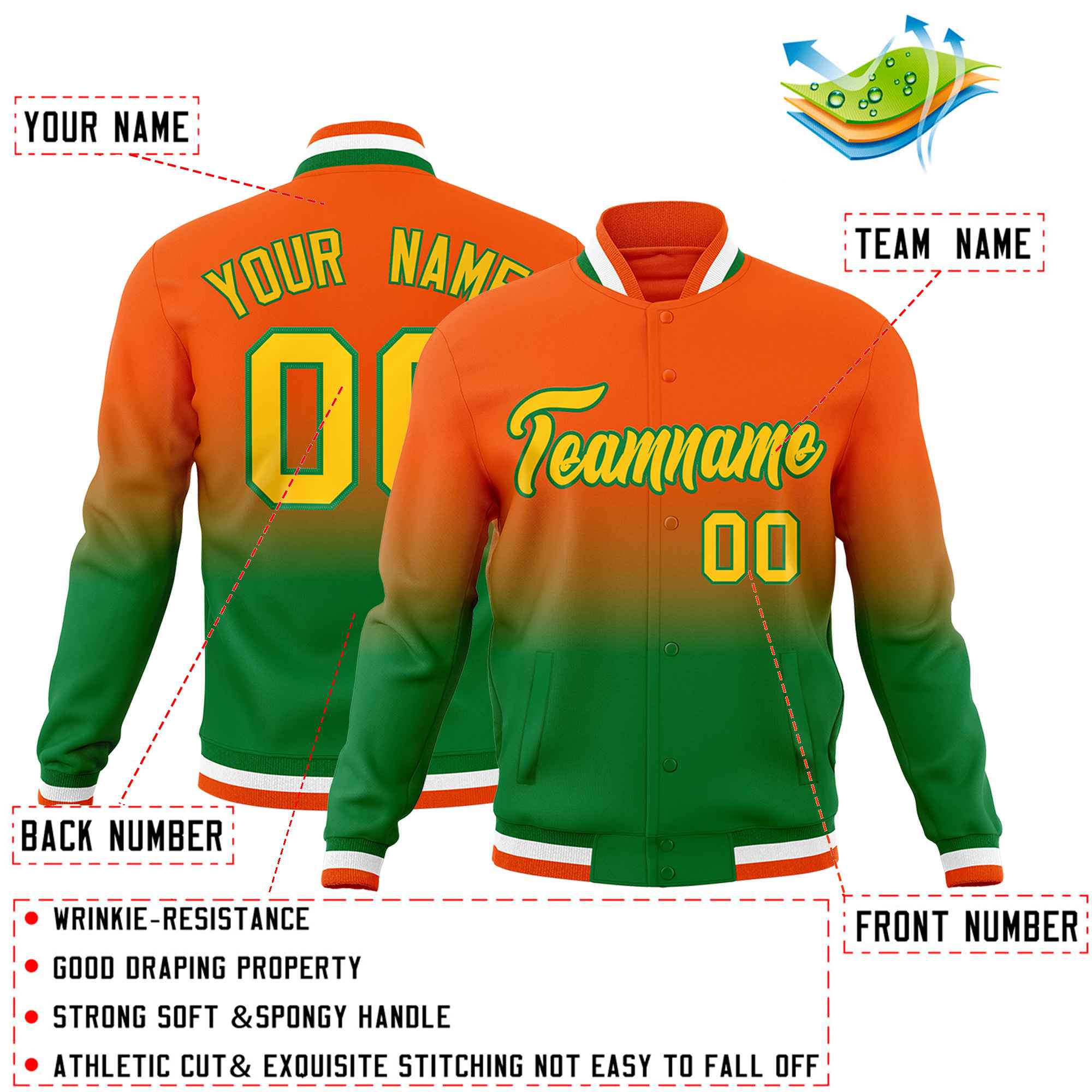 Custom Kelly Green Orange Full-Snap Varsity Personalization Gradient Fashion Letterman Jacket