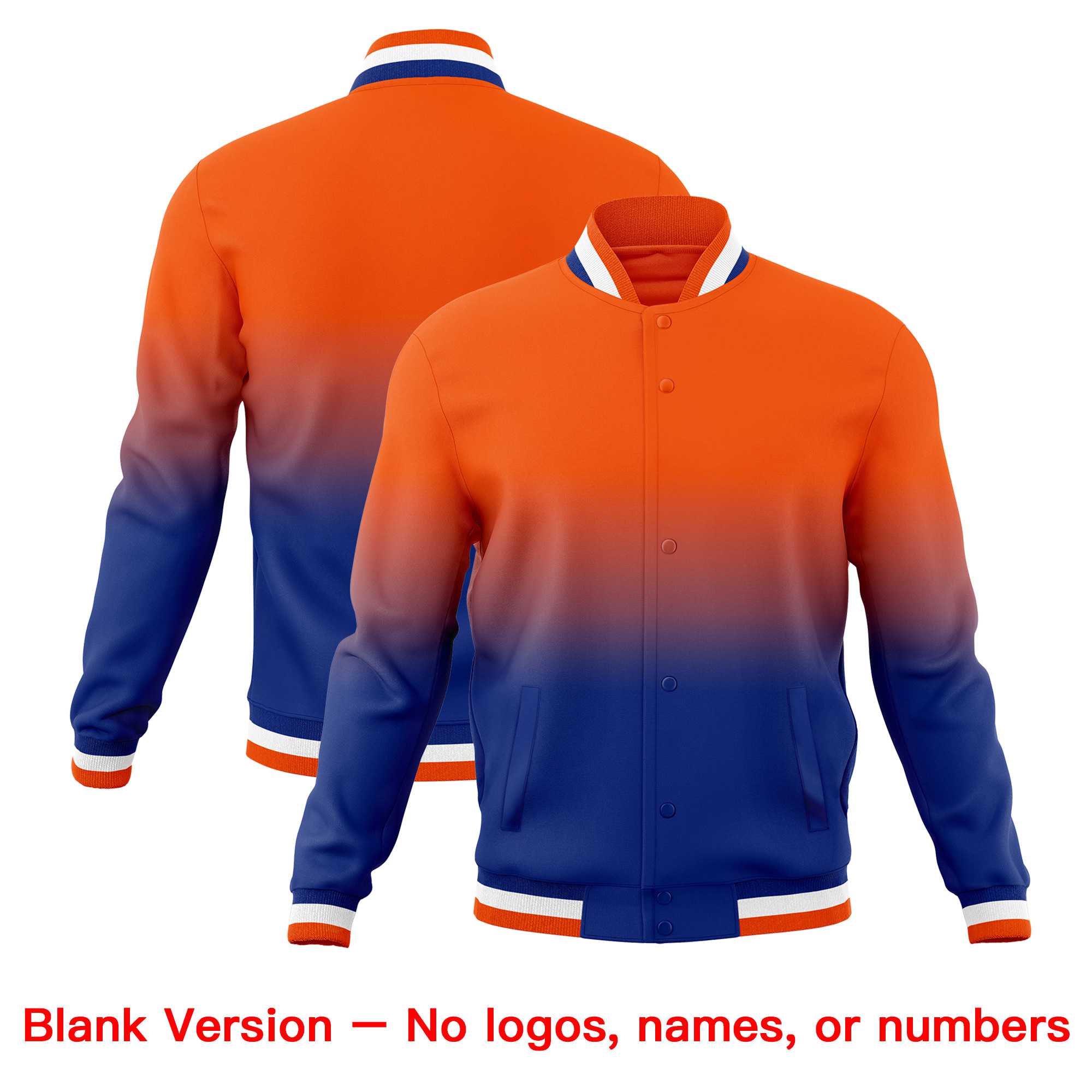 Custom Orange Royal Full-Snap Varsity Personalization Gradient Fashion Letterman Jacket
