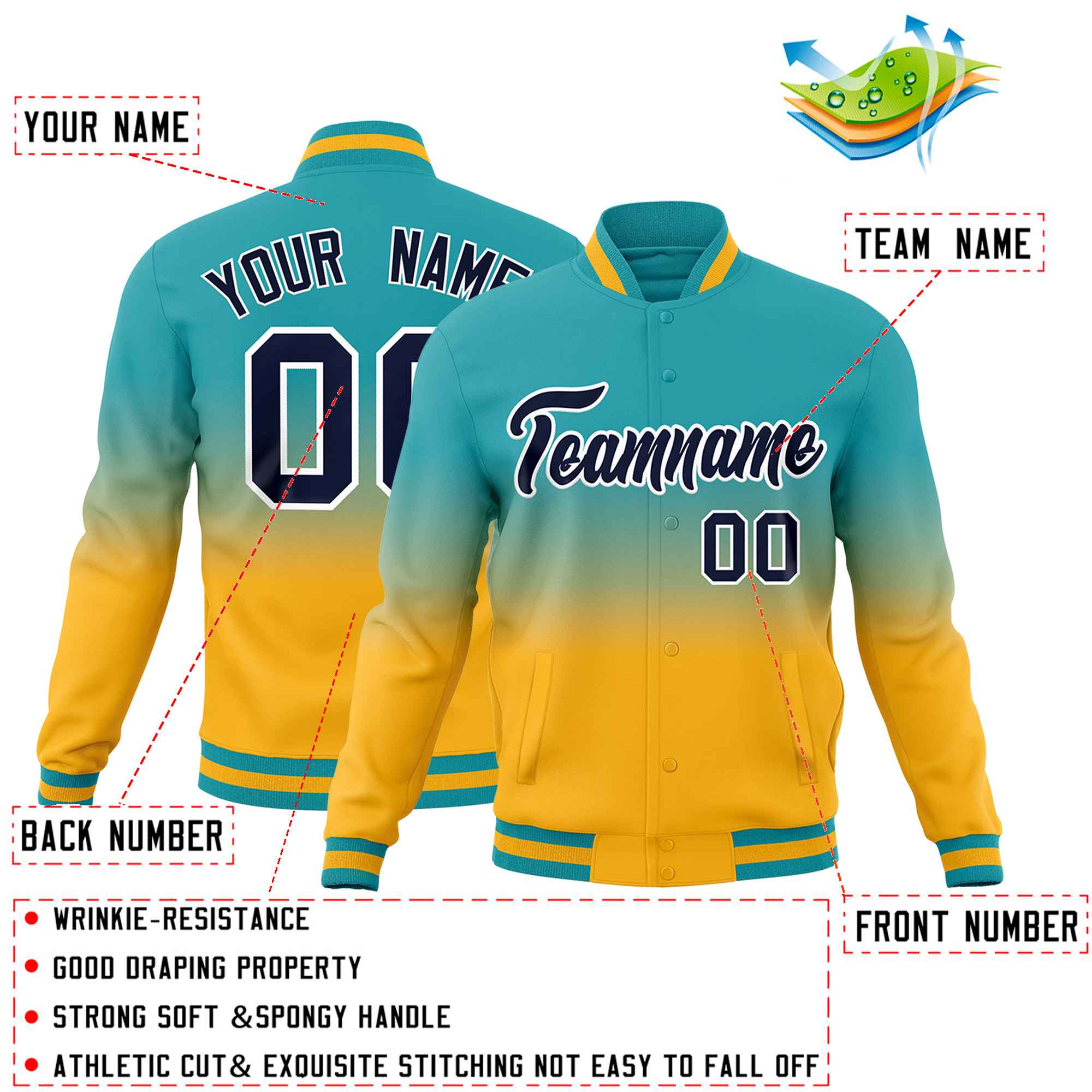 Custom Aqua Gold Full-Snap Varsity Personalization Gradient Fashion Letterman Jacket