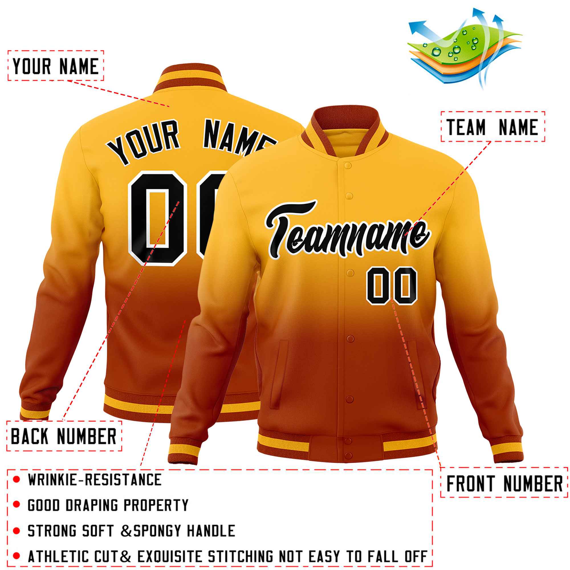 Custom Gold Dark Orange Full-Snap Varsity Personalization Gradient Fashion Letterman Jacket