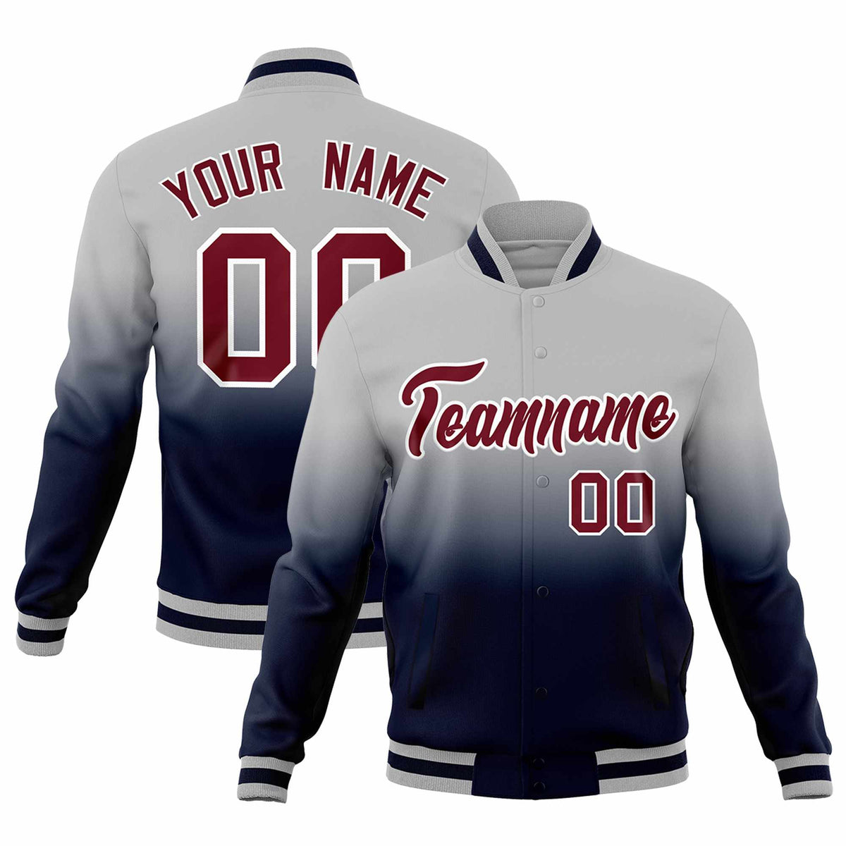 Custom Gray Navy Full-Snap Varsity Personalization Gradient Fashion Letterman Jacket