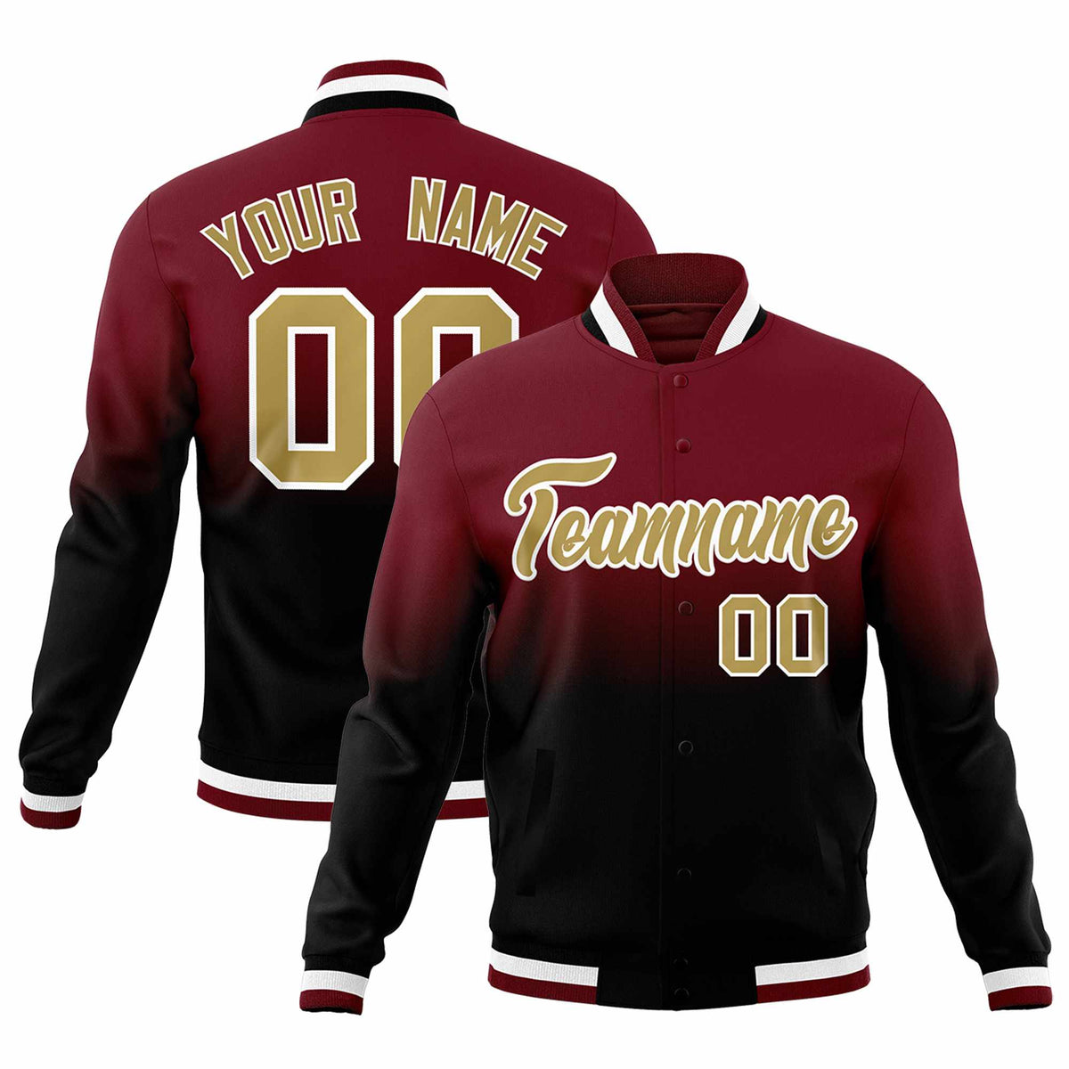 Custom Crimson Black Full-Snap Varsity Personalization Gradient Fashion Letterman Jacket