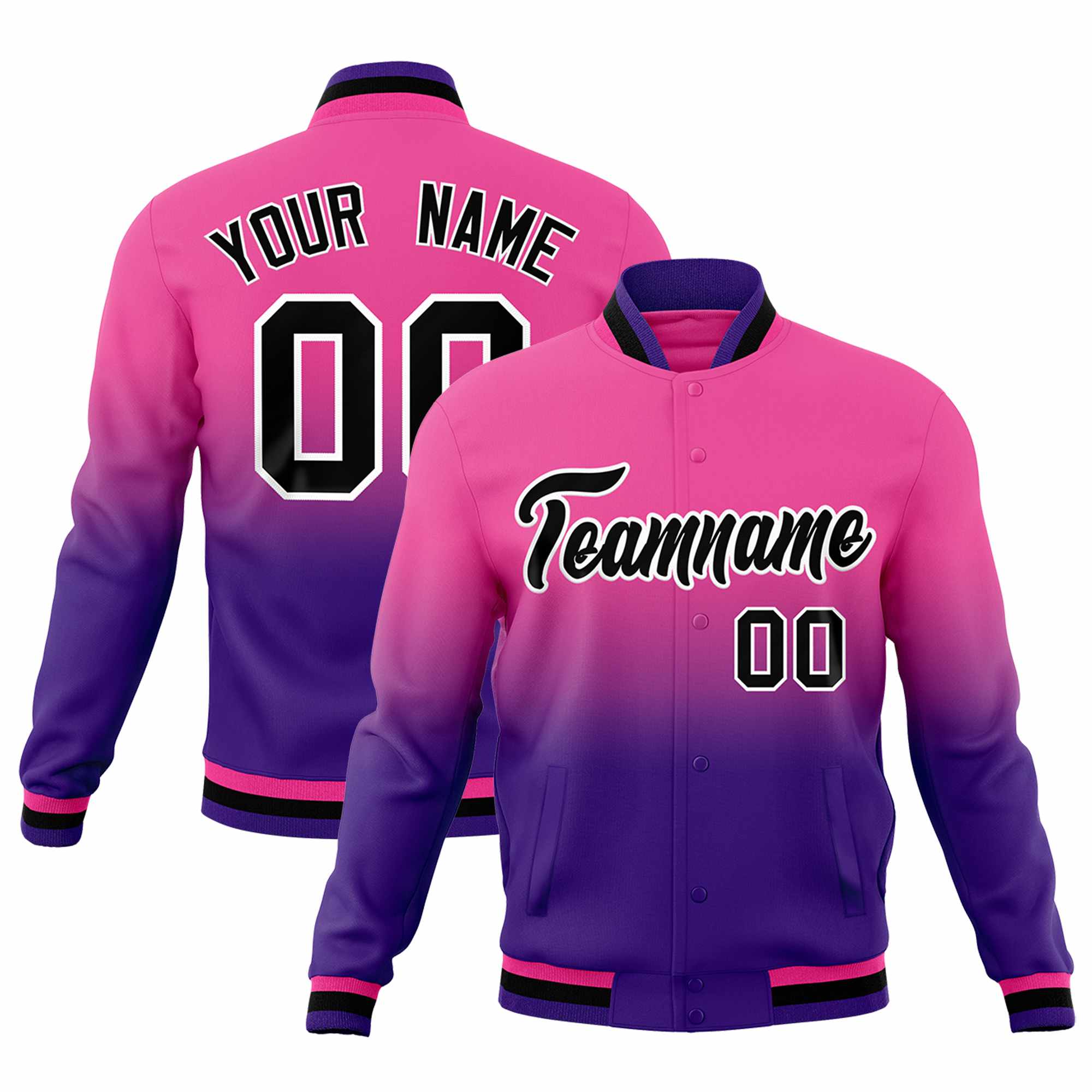 Custom Pink Purple Full-Snap Varsity Personalization Gradient Fashion Letterman Jacket