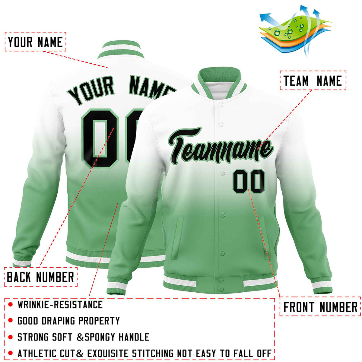 Custom White Green Full-Snap Varsity Personalization Gradient Fashion Letterman Jacket