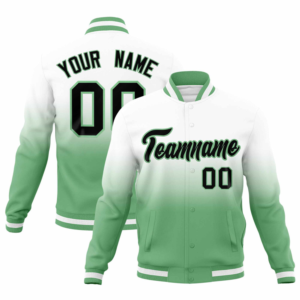 Custom White Green Full-Snap Varsity Personalization Gradient Fashion Letterman Jacket