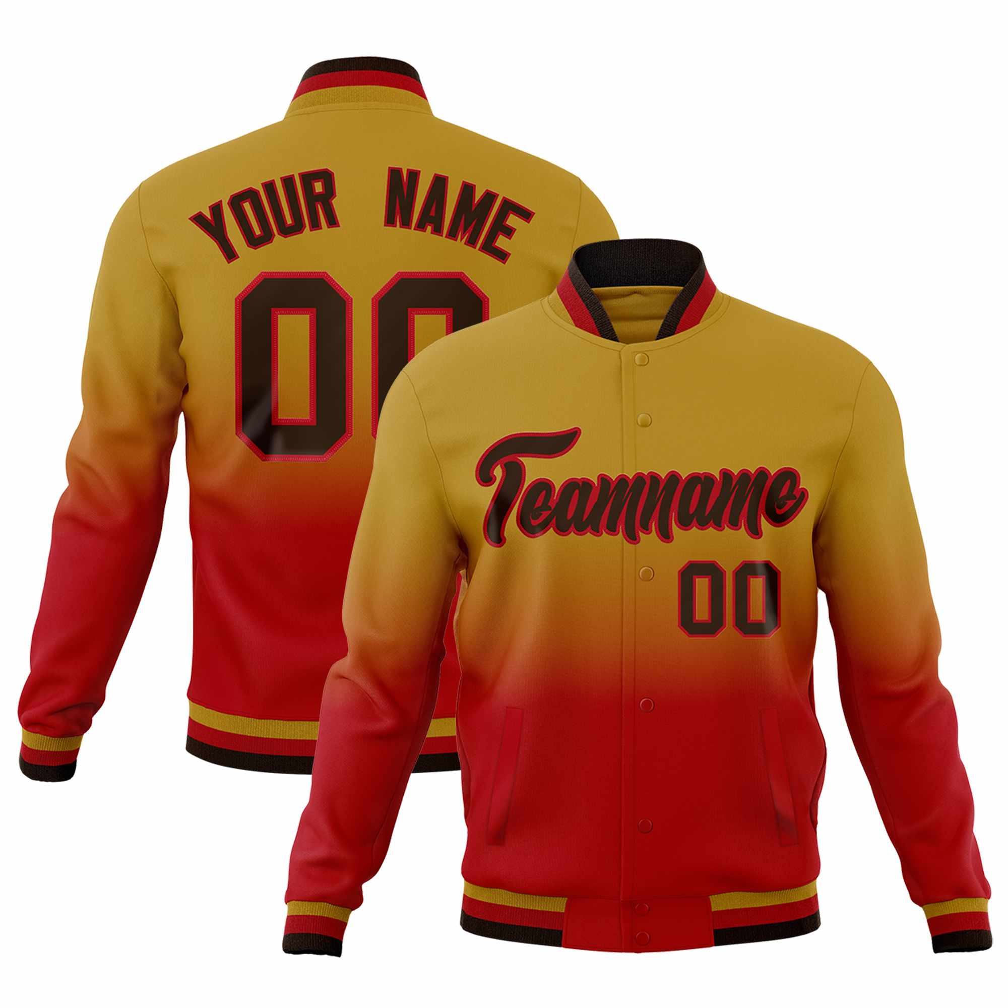 Custom Old Gold Red Full-Snap Varsity Personalization Gradient Fashion Letterman Jacket