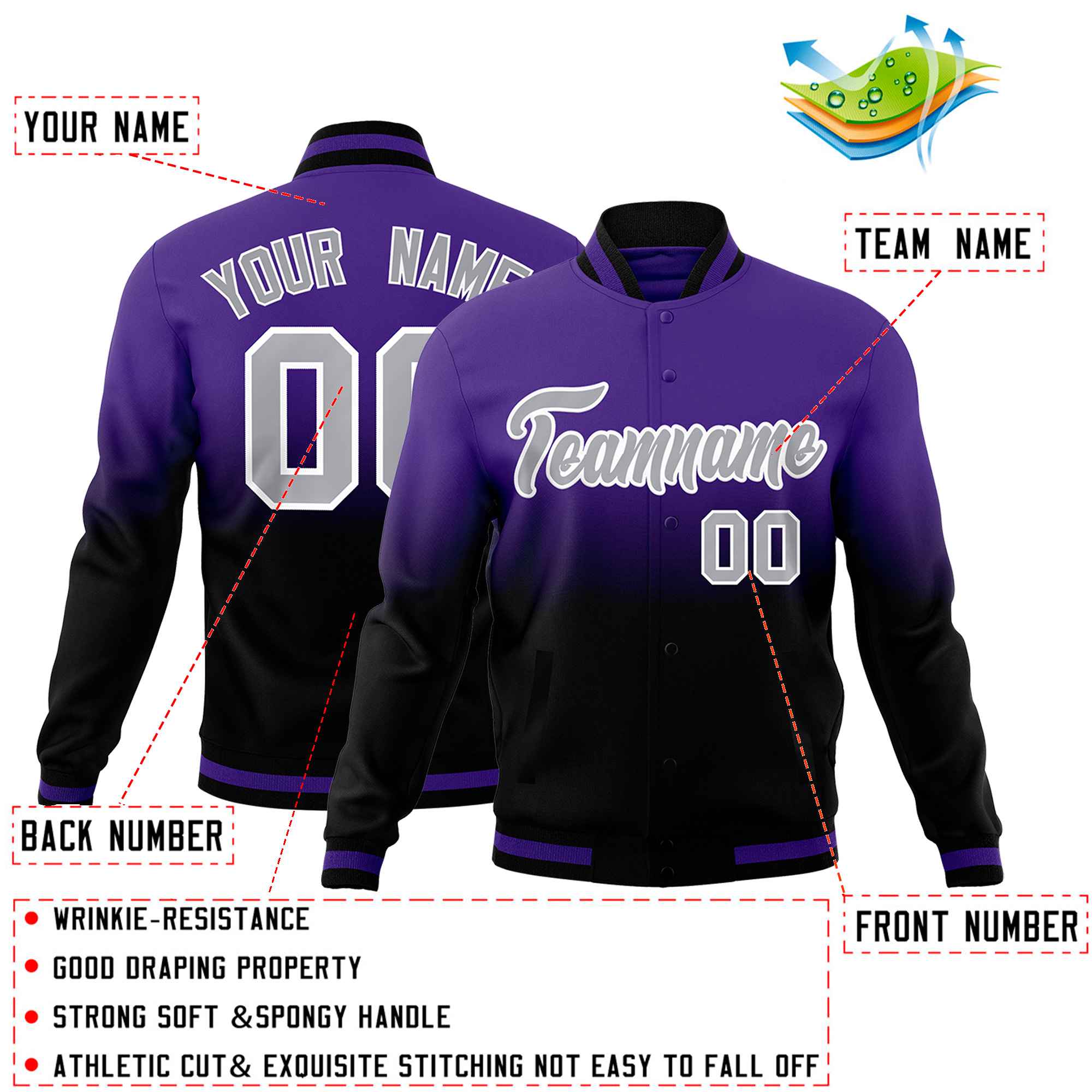 Custom Purple Black Full-Snap Varsity Personalization Gradient Fashion Letterman Jacket