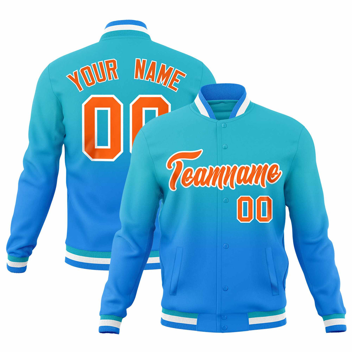 Custom Sky Blue Powder Blue Full-Snap Varsity Personalization Gradient Fashion Letterman Jacket
