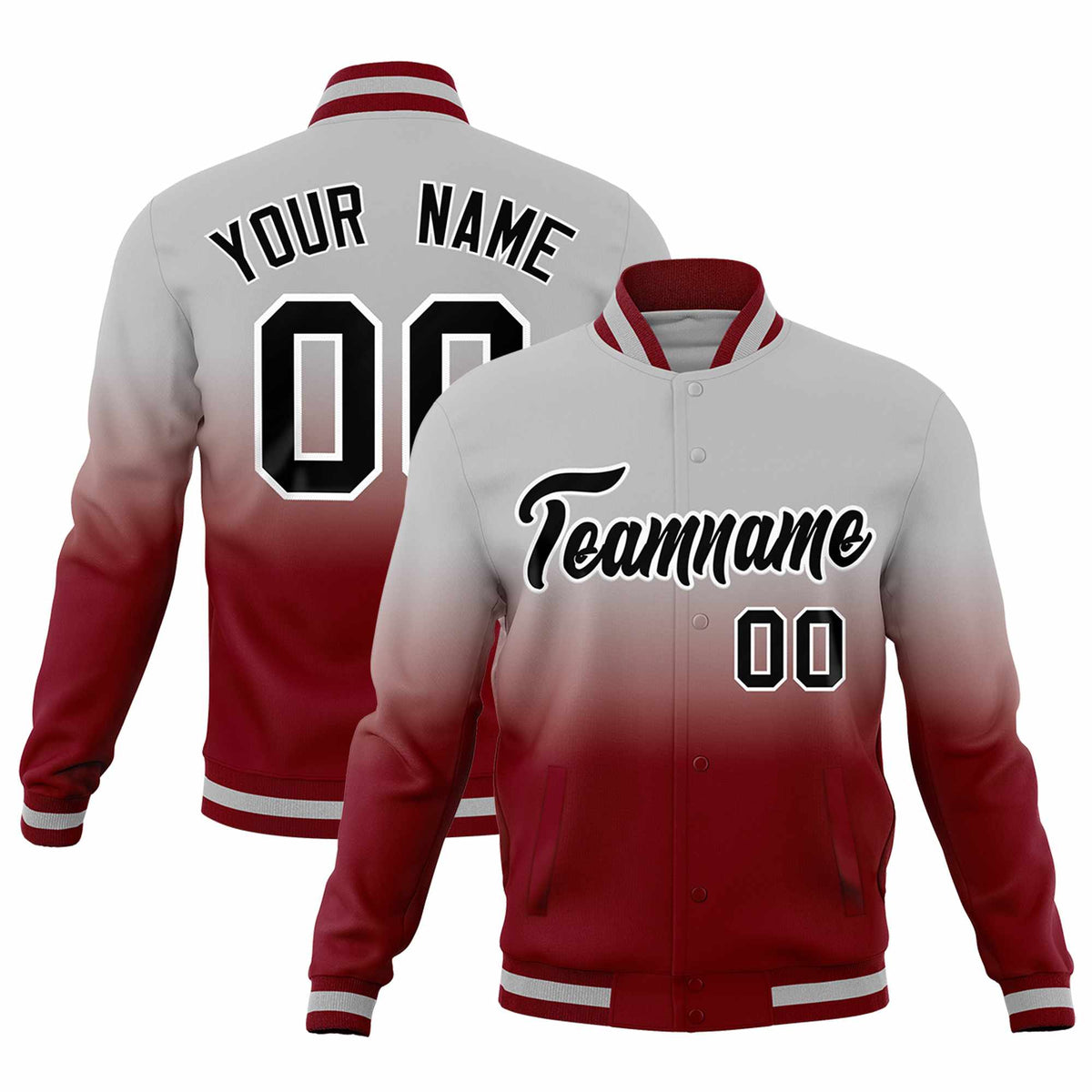 Custom Gray Crimson Full-Snap Varsity Personalization Gradient Fashion Letterman Jacket