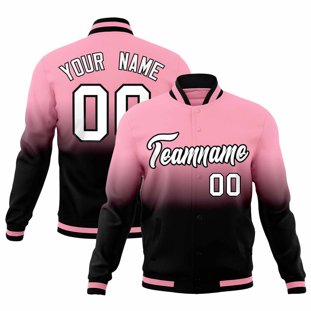 Custom Light Pink Black Full-Snap Varsity Personalization Gradient Fashion Letterman Jacket