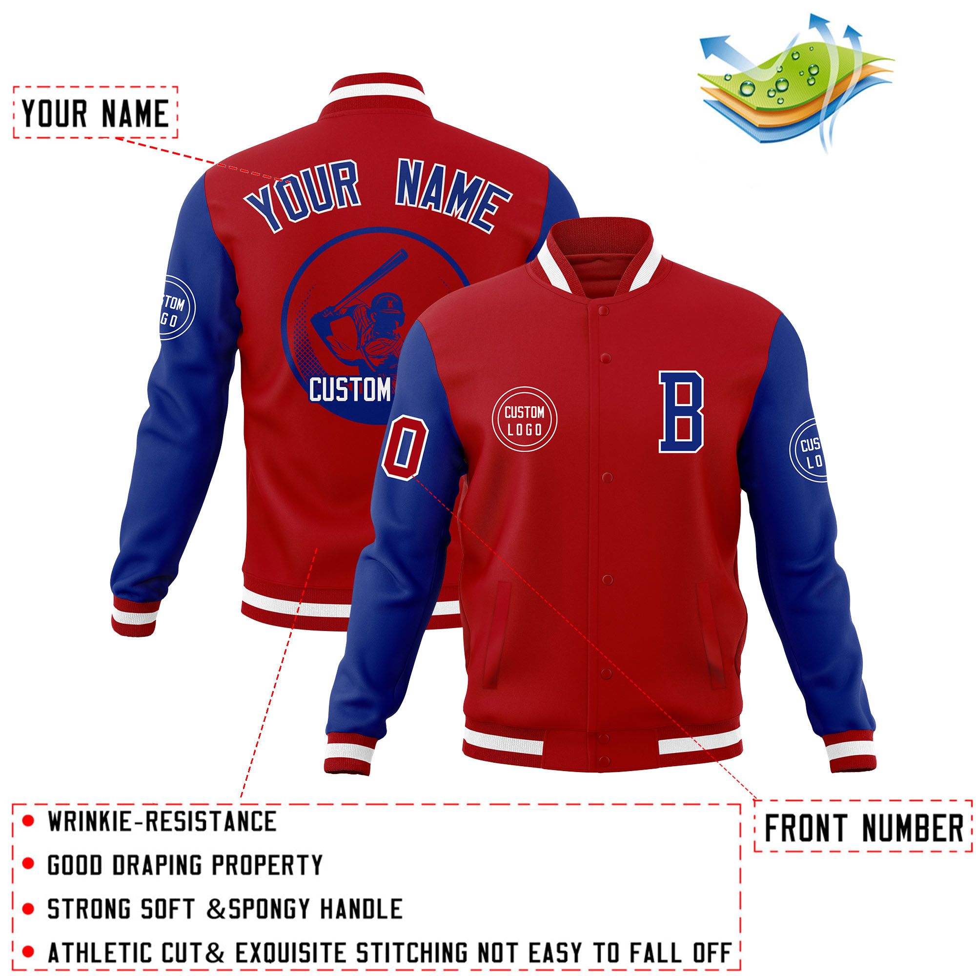 Custom Red Royal Raglan Sleeves Full-Snap Varsity Personalized Letterman Baseball Coats Jacket