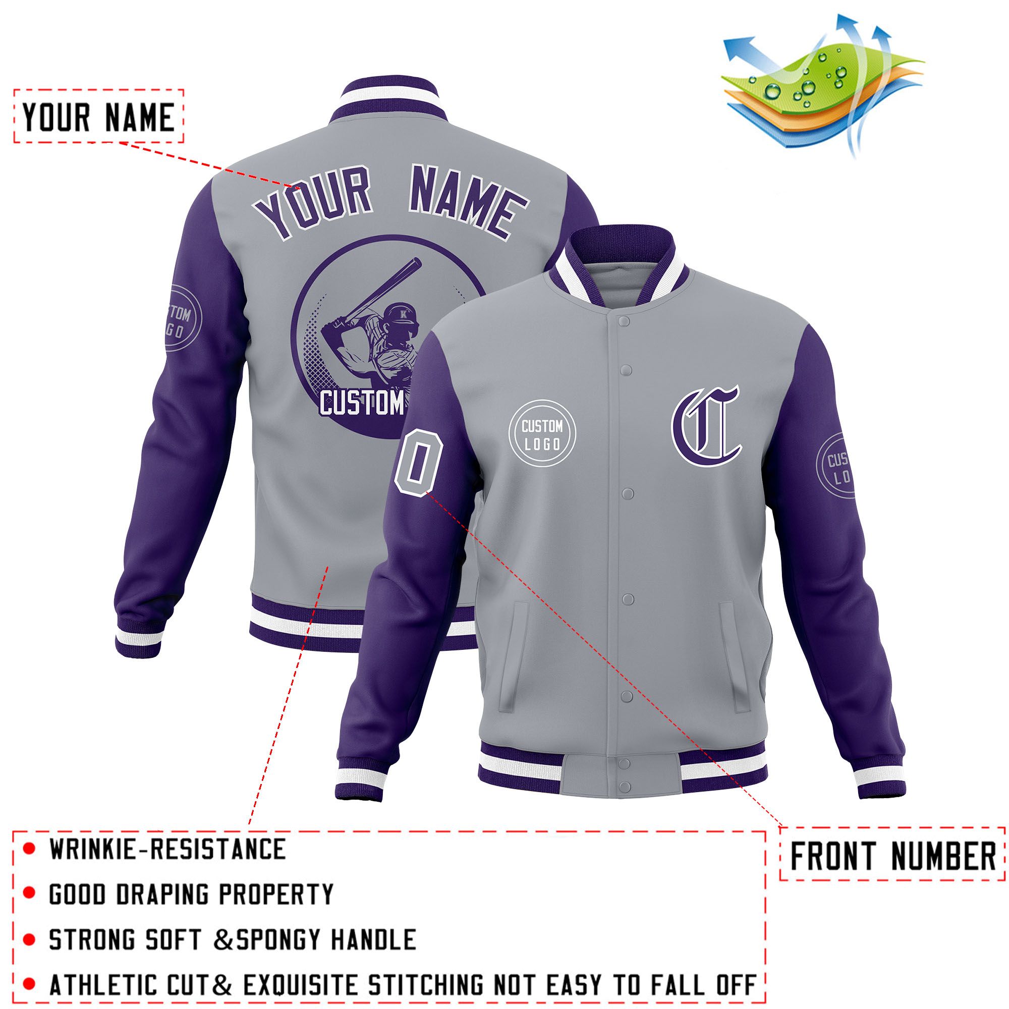 Custom Gray Purple Raglan Sleeves Full-Snap Varsity Personalized Letterman Baseball Coats Jacket