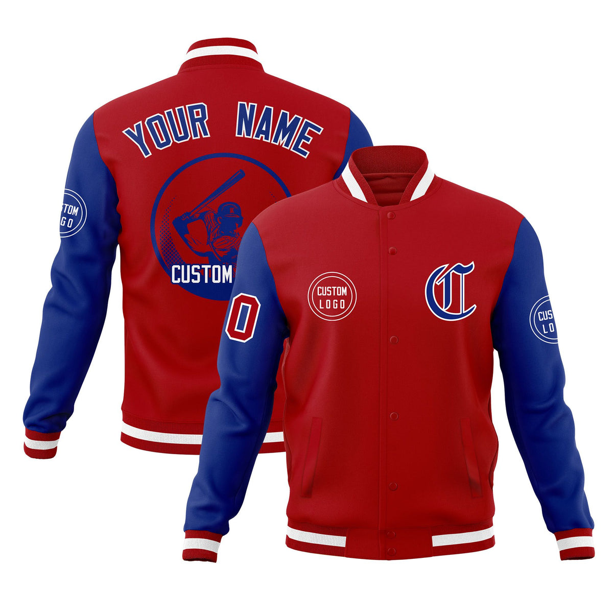 Custom Red Royal Raglan Sleeves Full-Snap Varsity Personalized Letterman Baseball Coats Jacket