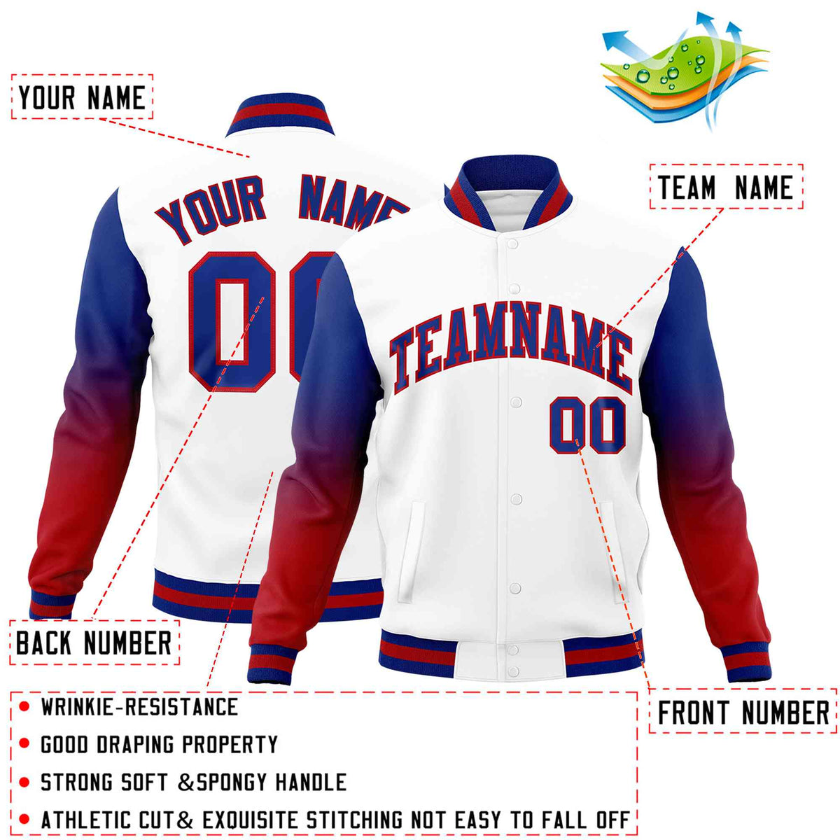 Custom White Royal Blue Red Full-Snap Varsity Raglan Sleeves Gradient Letterman Jacket