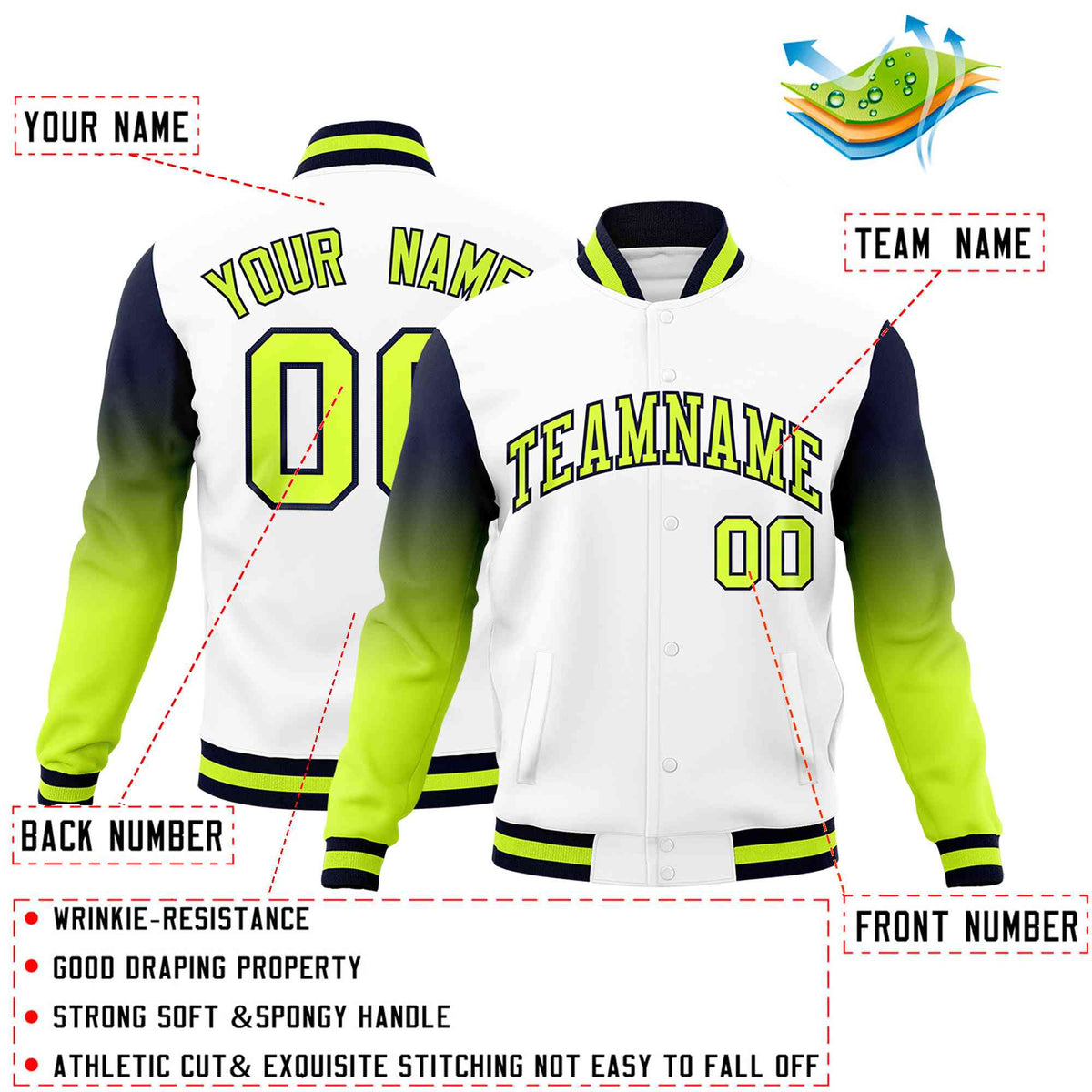 Custom White Neon Green Navy Full-Snap Varsity Raglan Sleeves Gradient Letterman Jacket