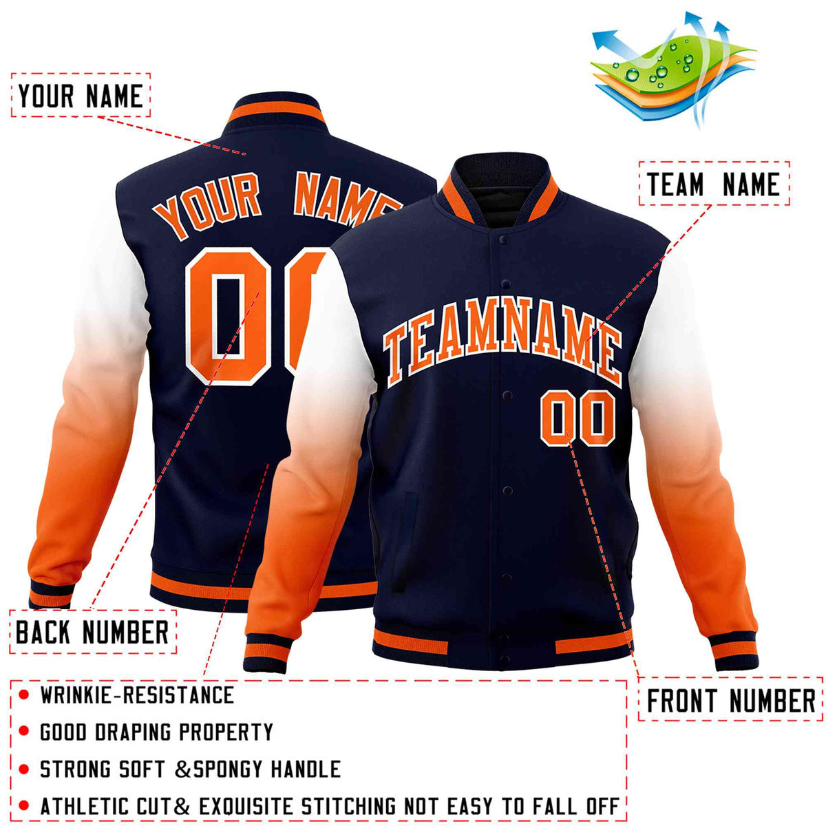 Custom Navy Orange White Full-Snap Varsity Raglan Sleeves Gradient Letterman Jacket