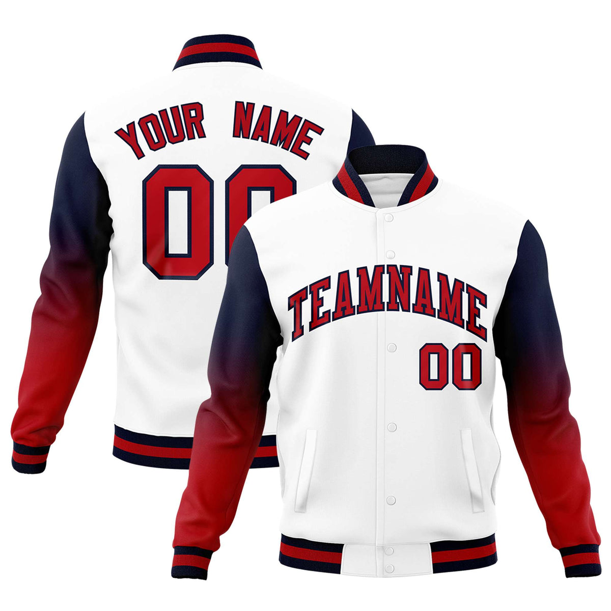 Custom White Red Black Full-Snap Varsity Raglan Sleeves Gradient Letterman Jacket