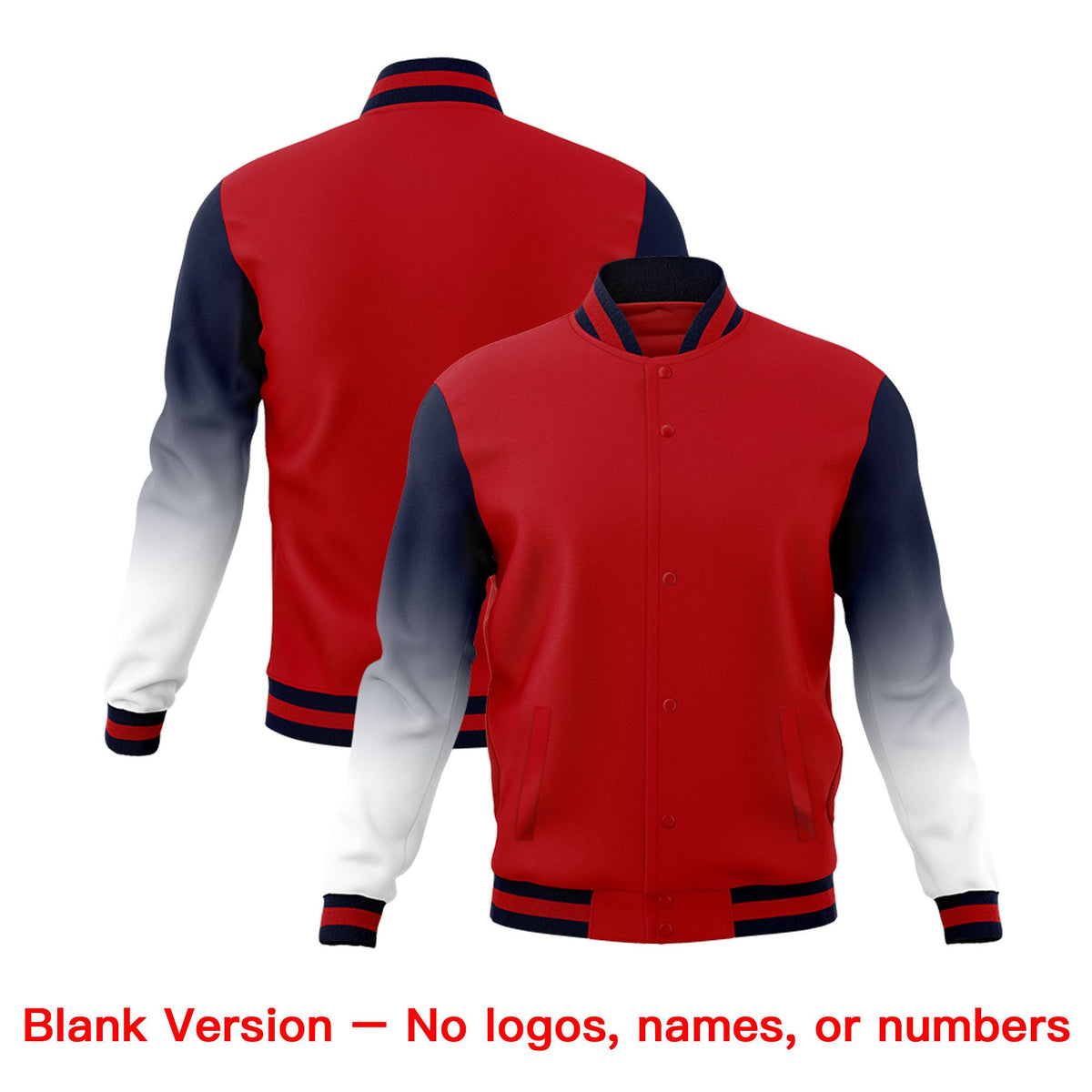 Custom Red White Navy Full-Snap Varsity Raglan Sleeves Gradient Letterman Jacket