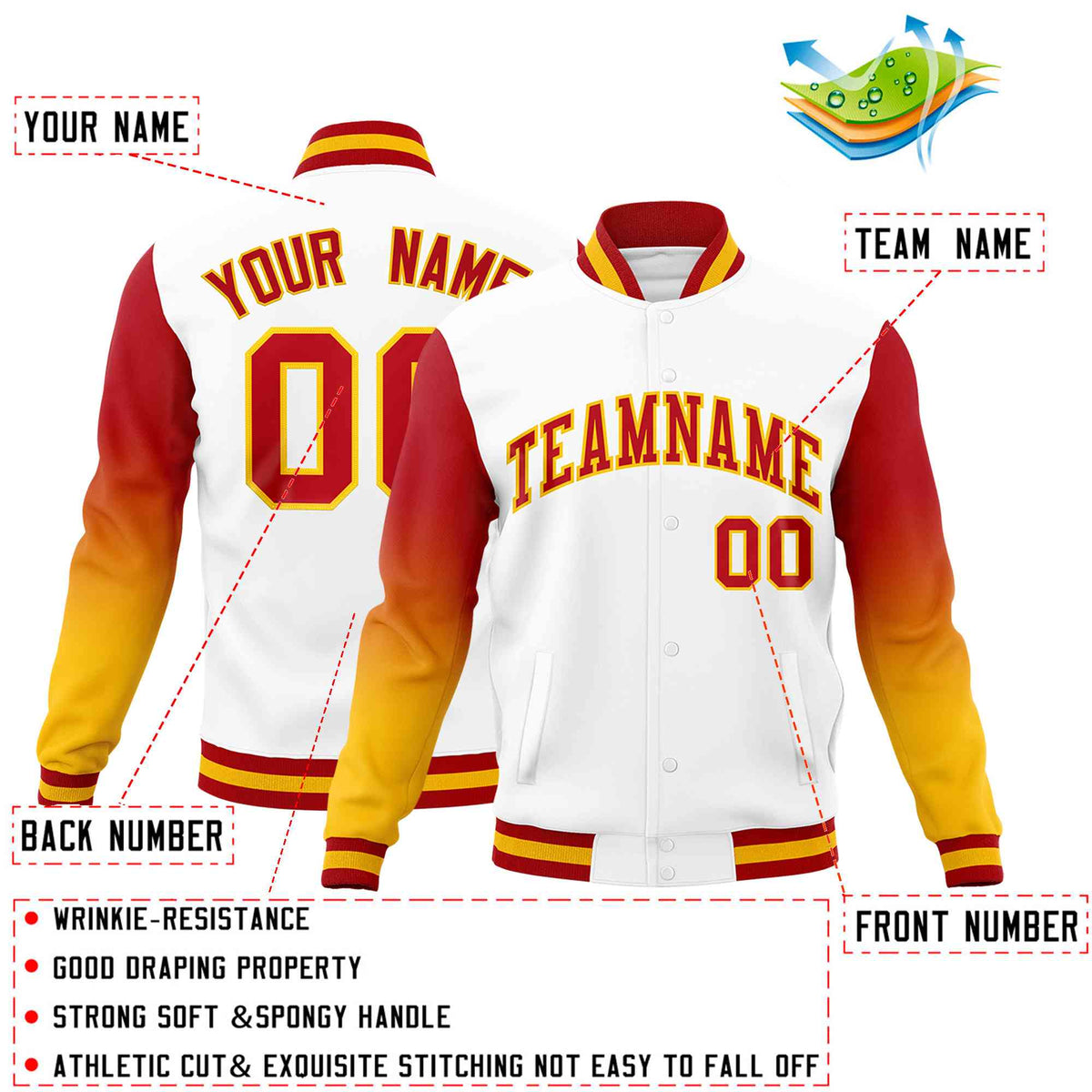 Custom White Red Gold Full-Snap Varsity Raglan Sleeves Gradient Letterman Jacket