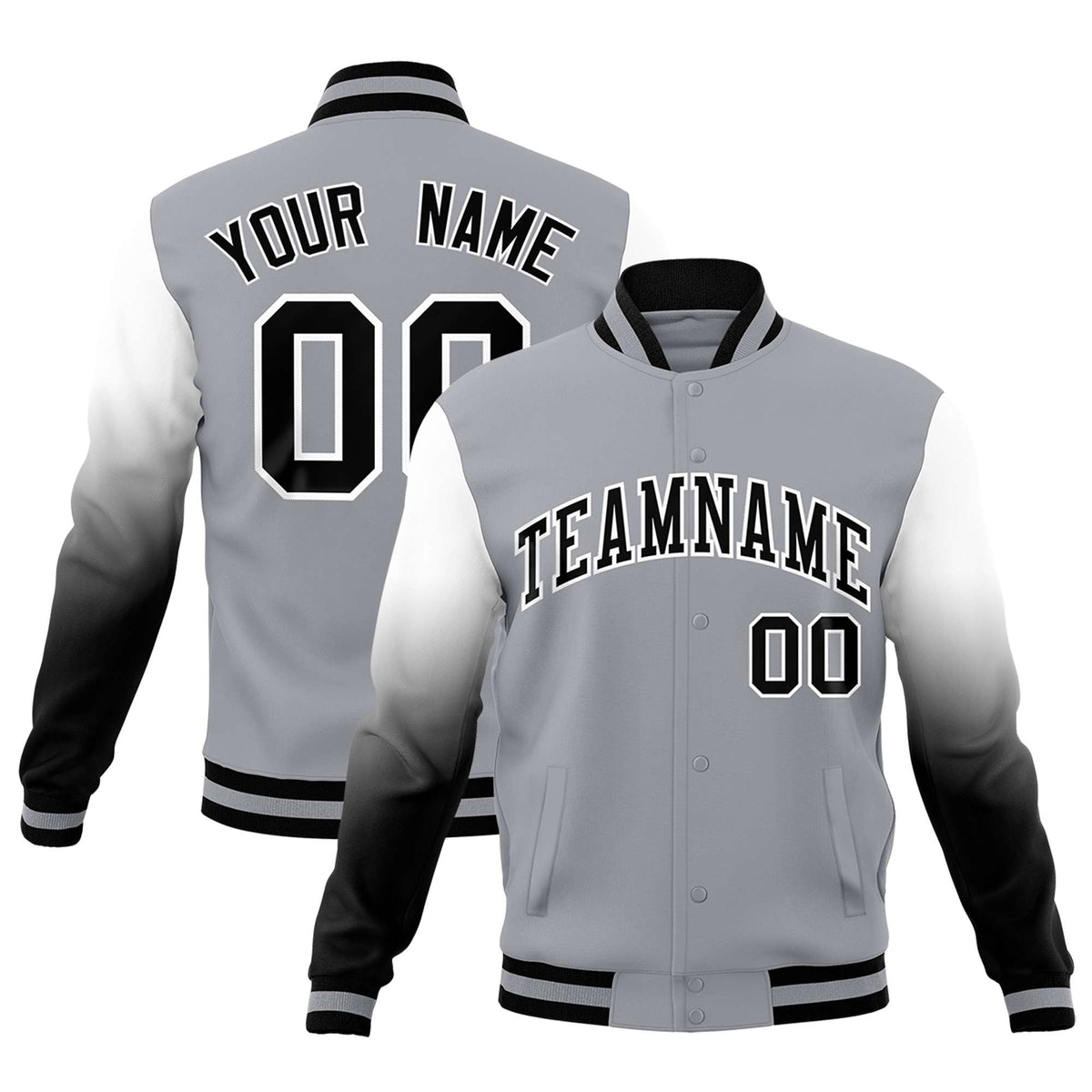 Custom Gray Black White Full-Snap Varsity Raglan Sleeves Gradient Letterman Jacket