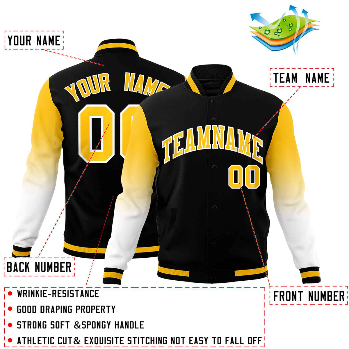 Custom Black Gold White Full-Snap Varsity Raglan Sleeves Gradient Letterman Jacket