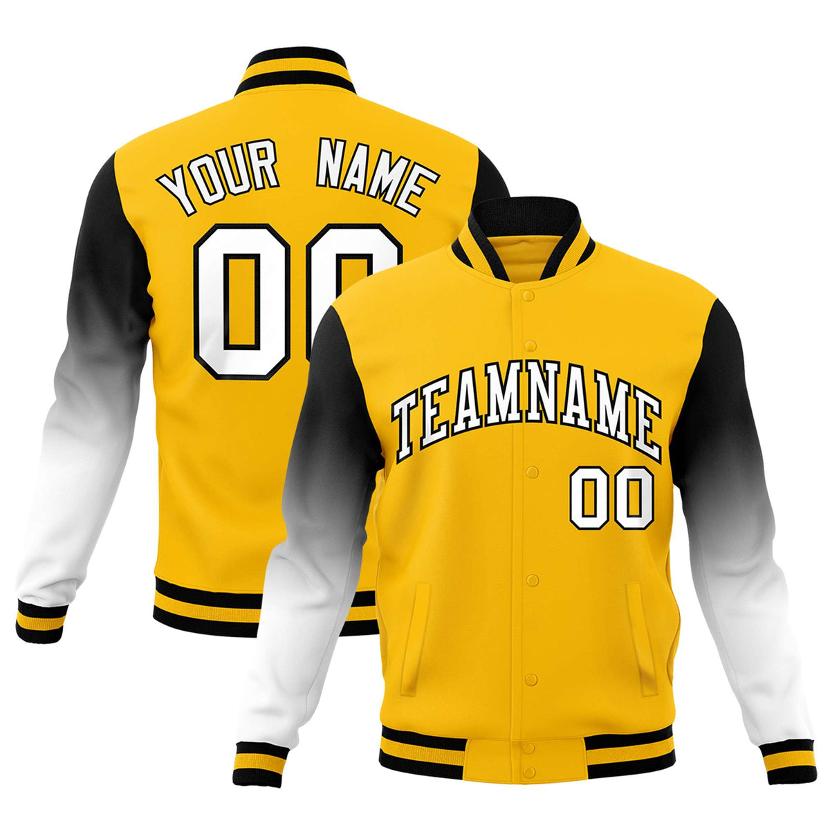 Custom Gold White Black Full-Snap Varsity Raglan Sleeves Gradient Letterman Jacket