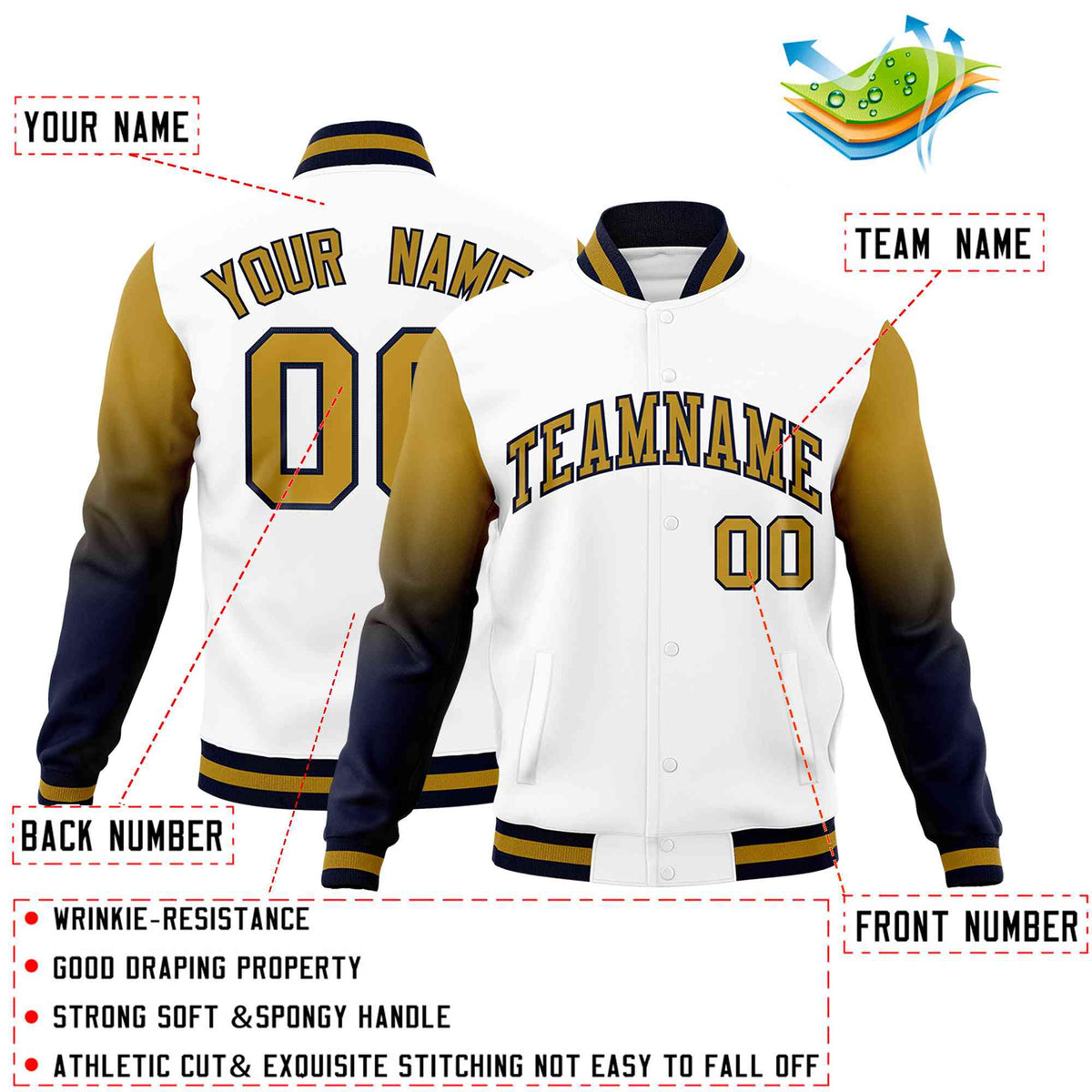 Custom White Old Gold Navy Full-Snap Varsity Raglan Sleeves Gradient Letterman Jacket
