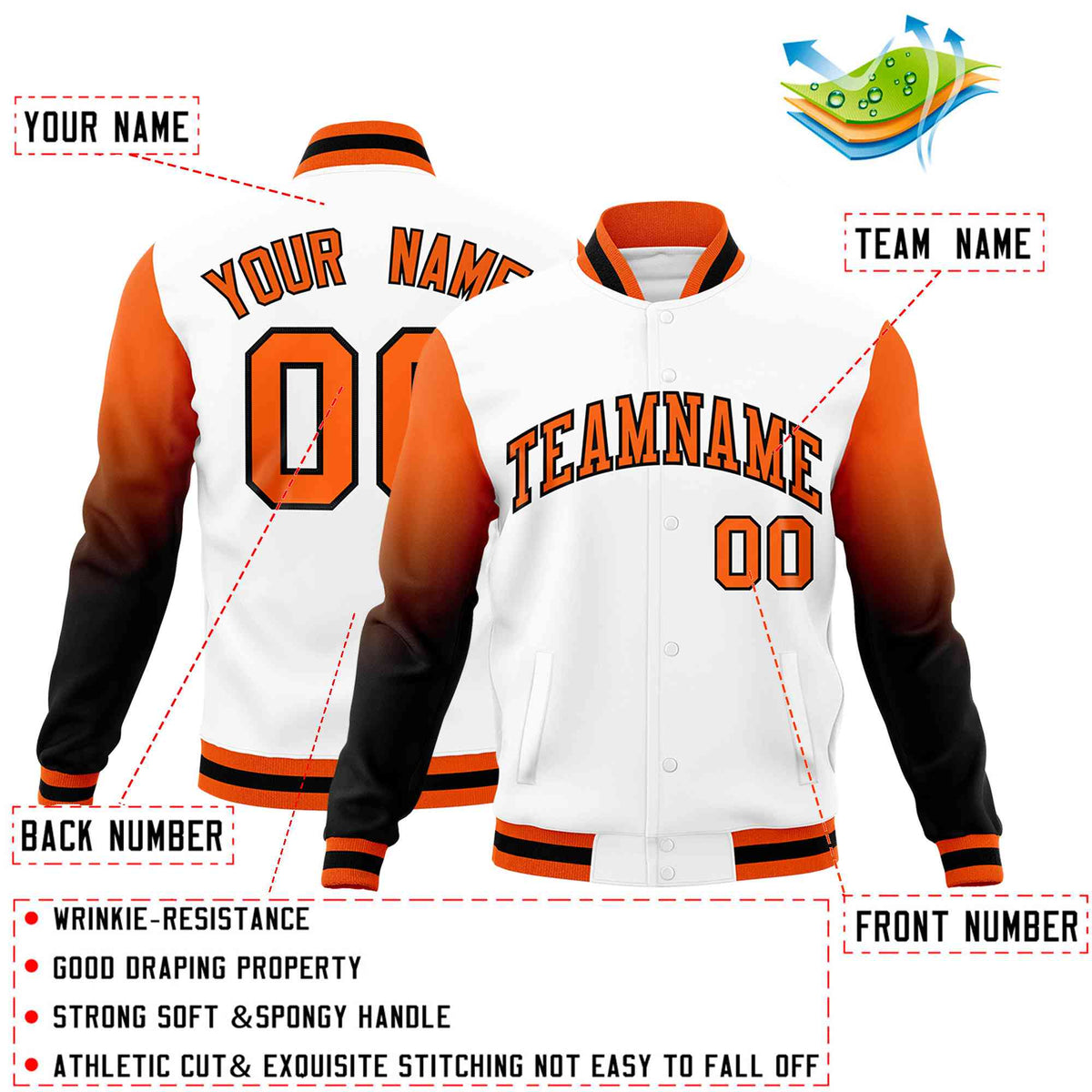 Custom White Orange Black Full-Snap Varsity Raglan Sleeves Gradient Letterman Jacket