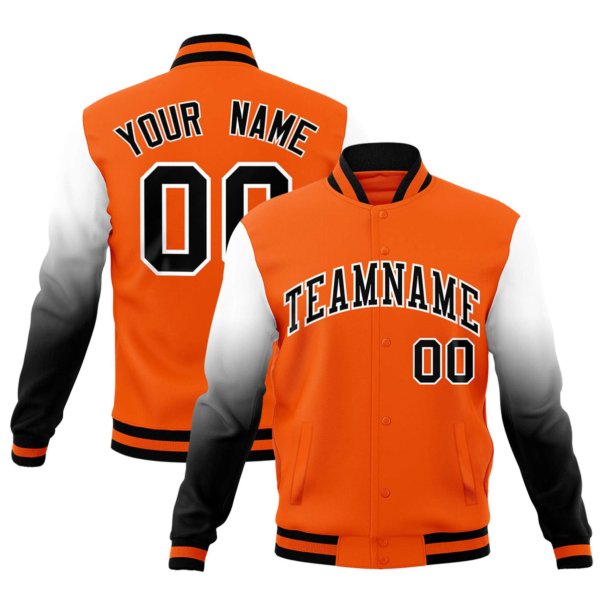 Custom Orange Black White Full-Snap Varsity Raglan Sleeves Gradient Letterman Jacket