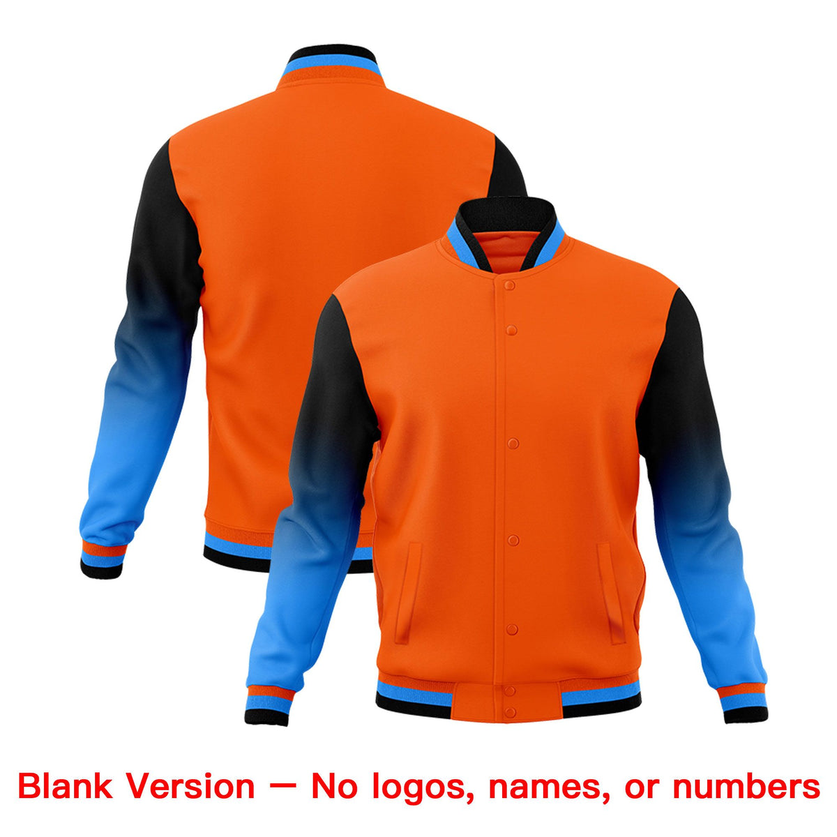 Custom Orange Powder Blue Black Full-Snap Varsity Raglan Sleeves Gradient Letterman Jacket
