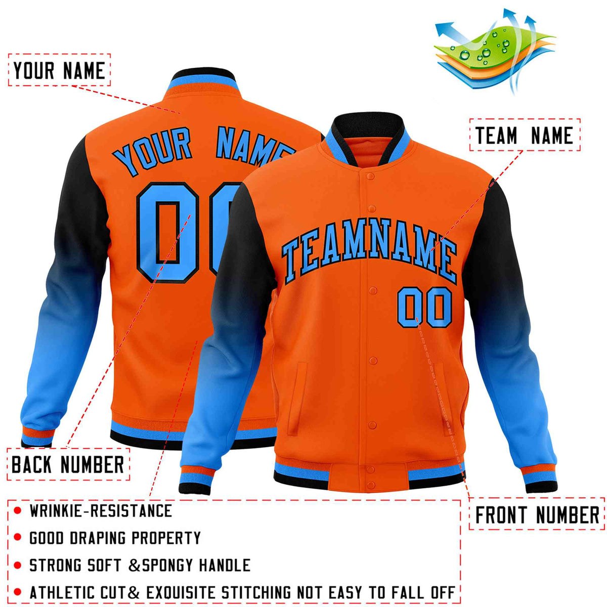 Custom Orange Powder Blue Black Full-Snap Varsity Raglan Sleeves Gradient Letterman Jacket
