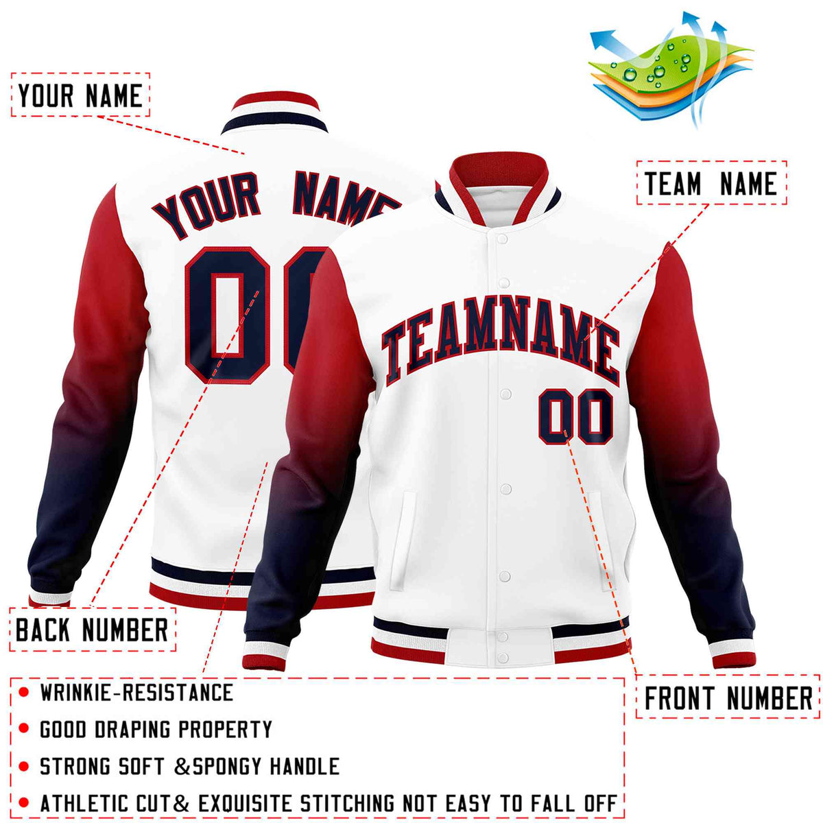 Custom White Navy Red Full-Snap Varsity Raglan Sleeves Gradient Letterman Jacket