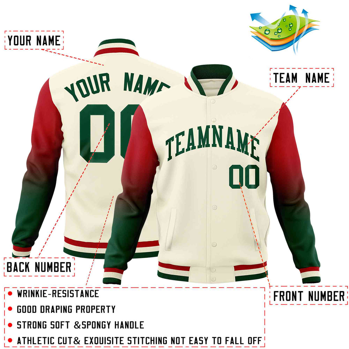 Custom Cream Green Red Full-Snap Varsity Raglan Sleeves Gradient Letterman Jacket