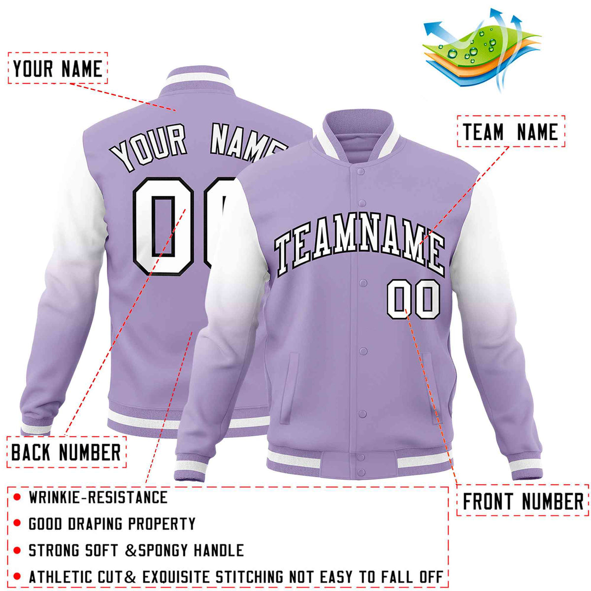 Custom Light Purple White Black Full-Snap Varsity Raglan Sleeves Gradient Letterman Jacket
