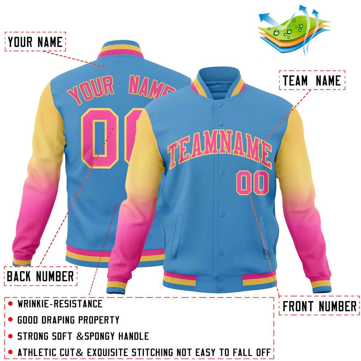 Custom Light blue Pink Cream Full-Snap Varsity Raglan Sleeves Gradient Letterman Jacket