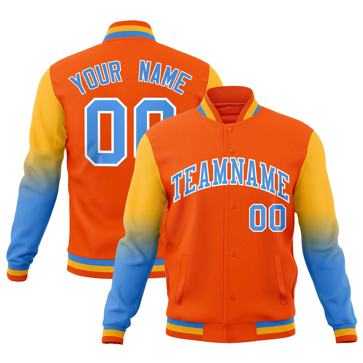 Custom Orange Powder Blue White Full-Snap Varsity Raglan Sleeves Gradient Letterman Jacket