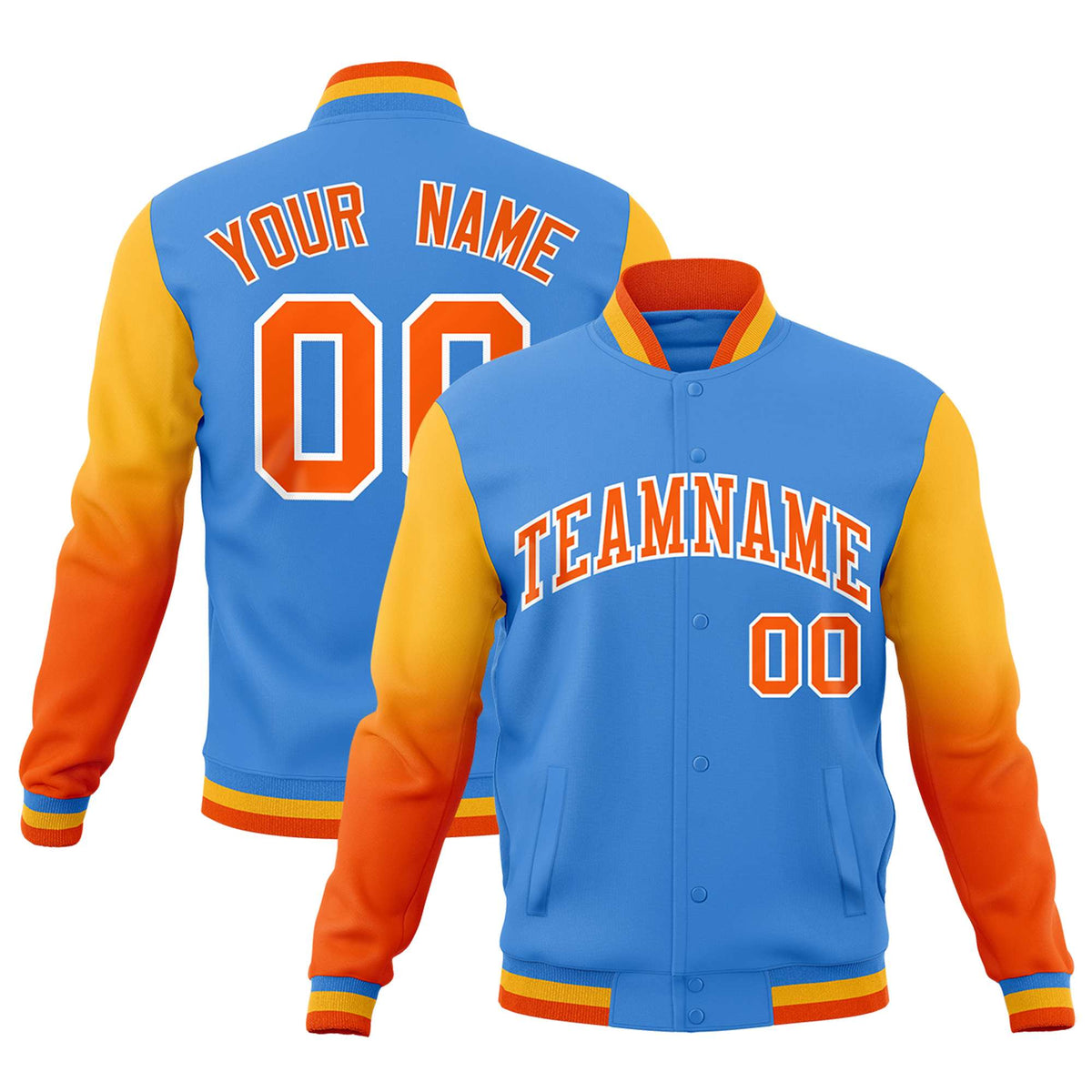 Custom Powder Blue Orange White Full-Snap Varsity Raglan Sleeves Gradient Letterman Jacket